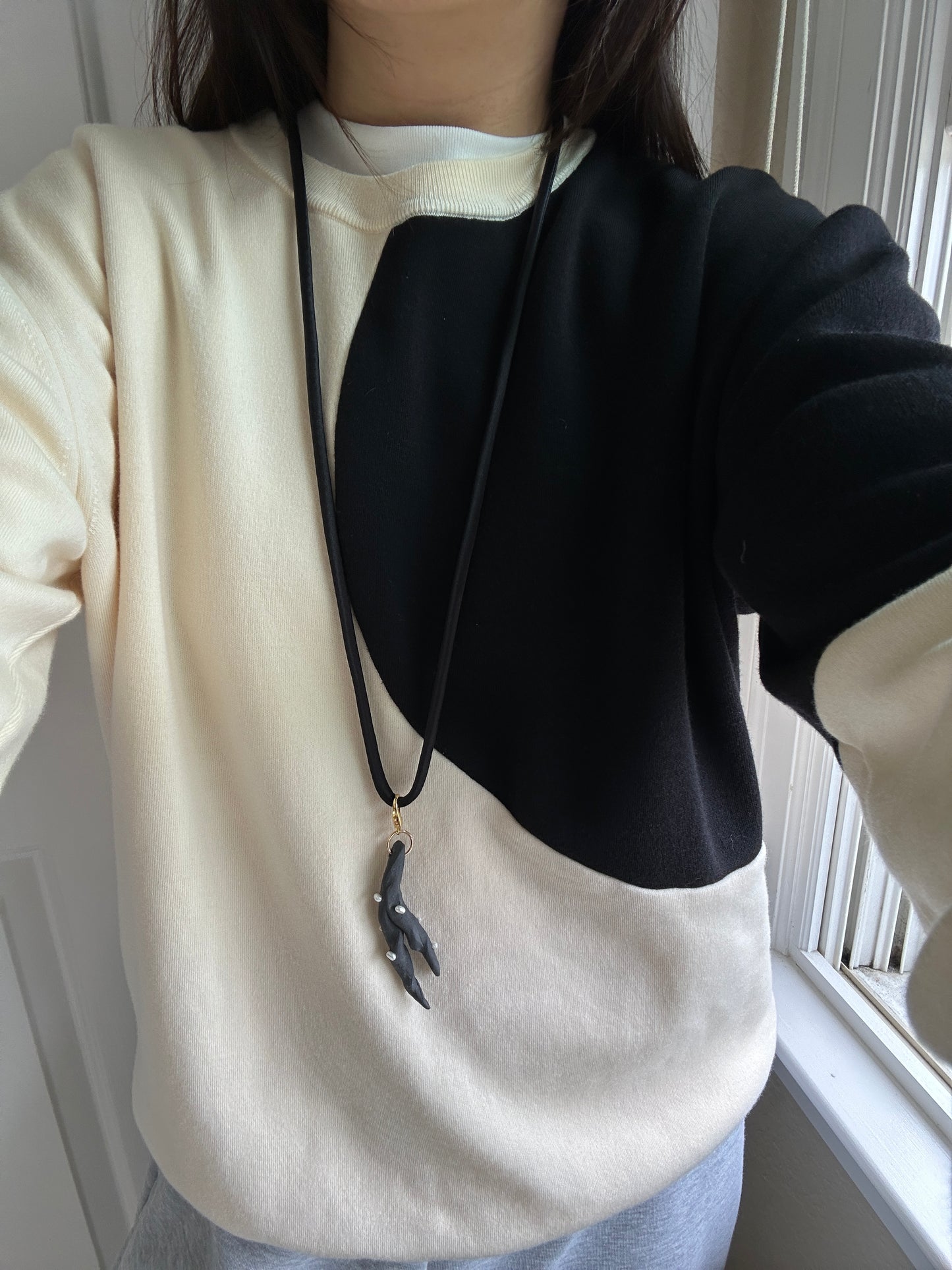 Pearl-Studded Dark Ceramic Driftwood Pendant on Black Silk Cord