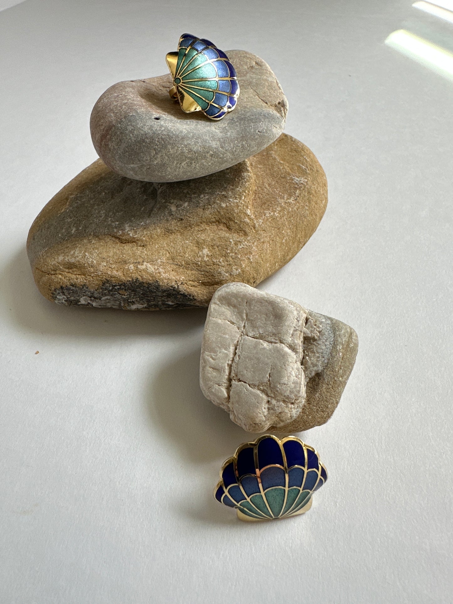 Vintage Cloisonné Scallop Shell Earrings in Teal & Cobalt