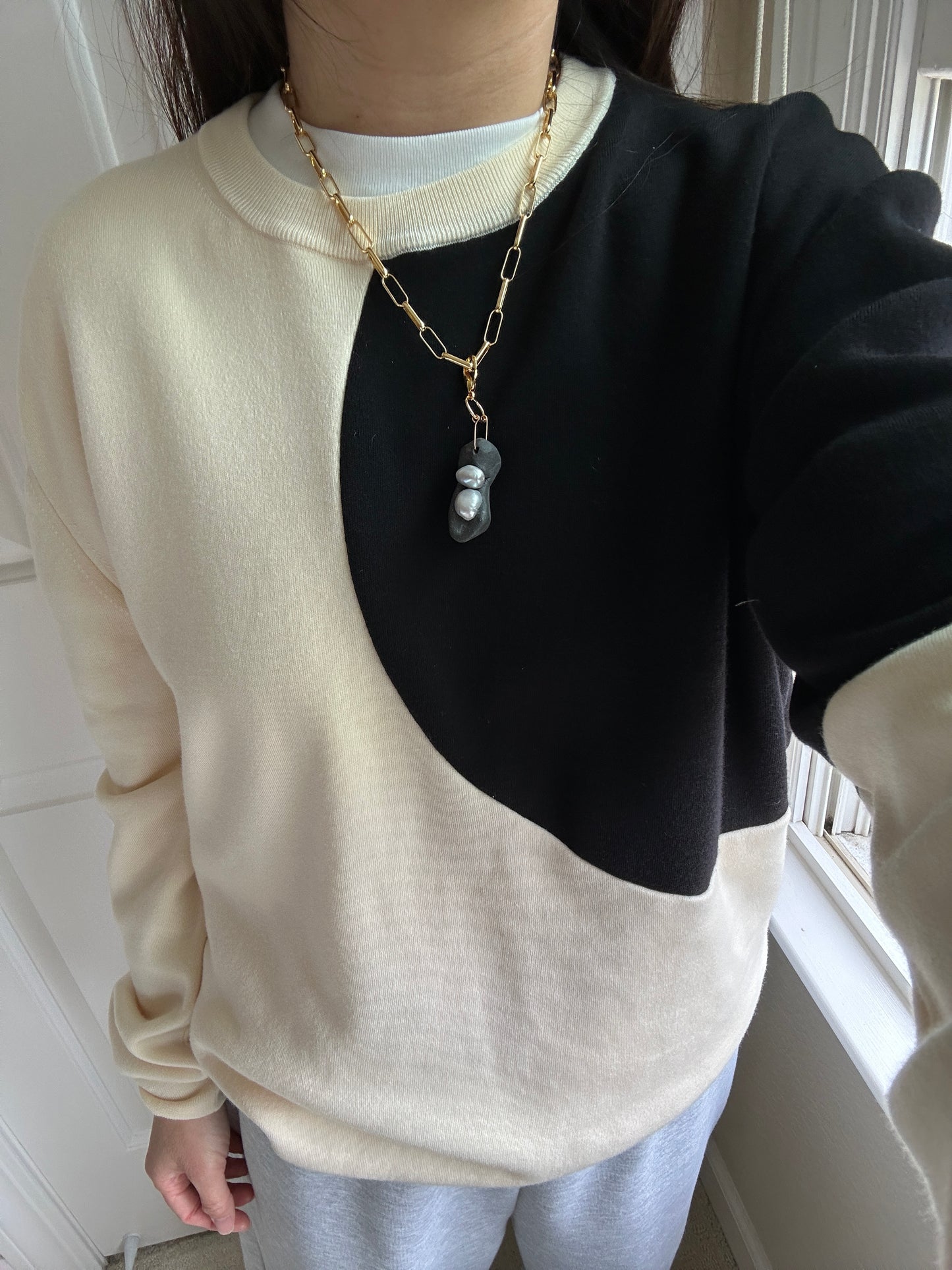 Black Ceramic Form & Baroque Pearl Pendant on Gold Paperclip Chain