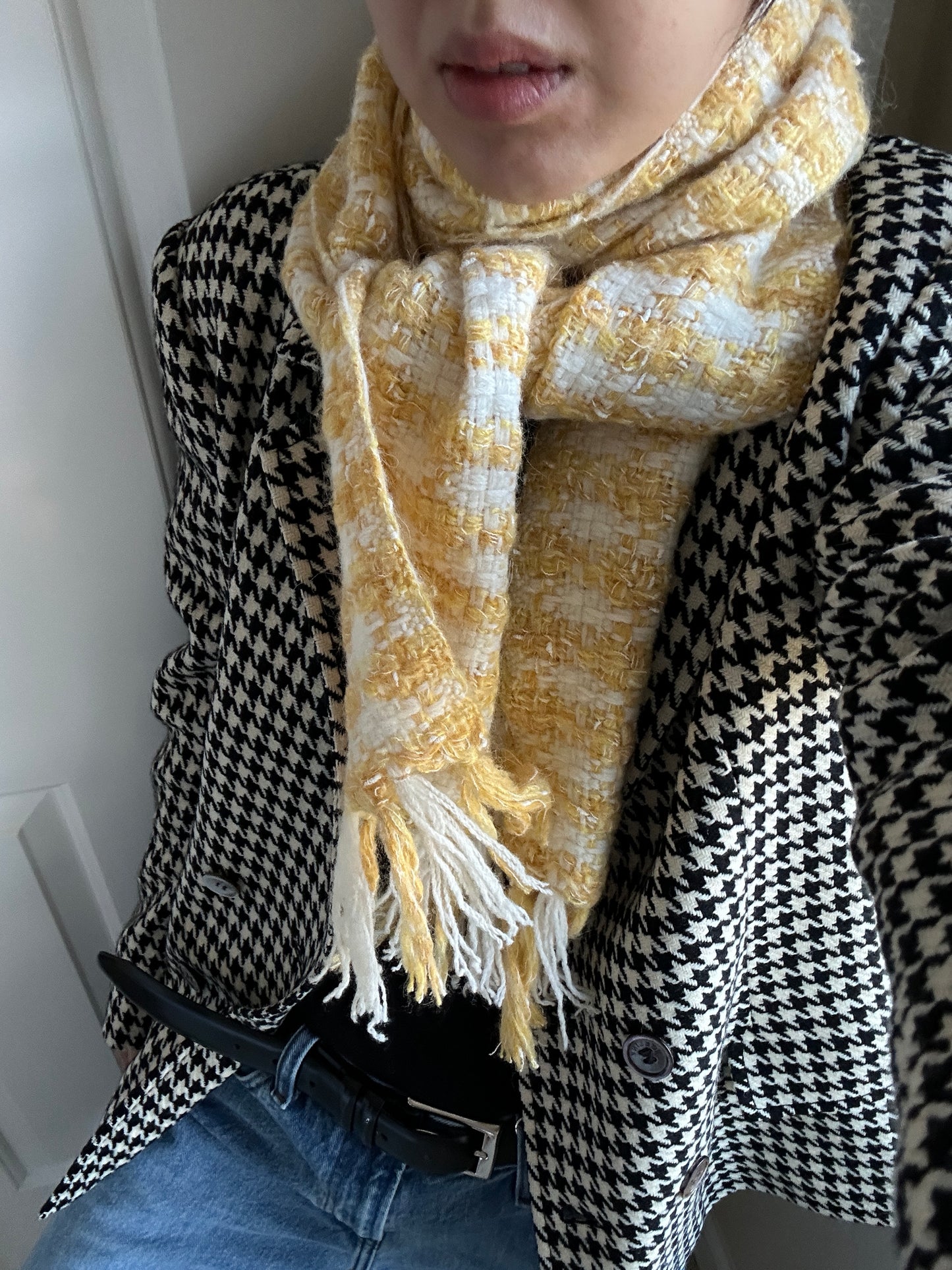 Yellow and white check wool scarf