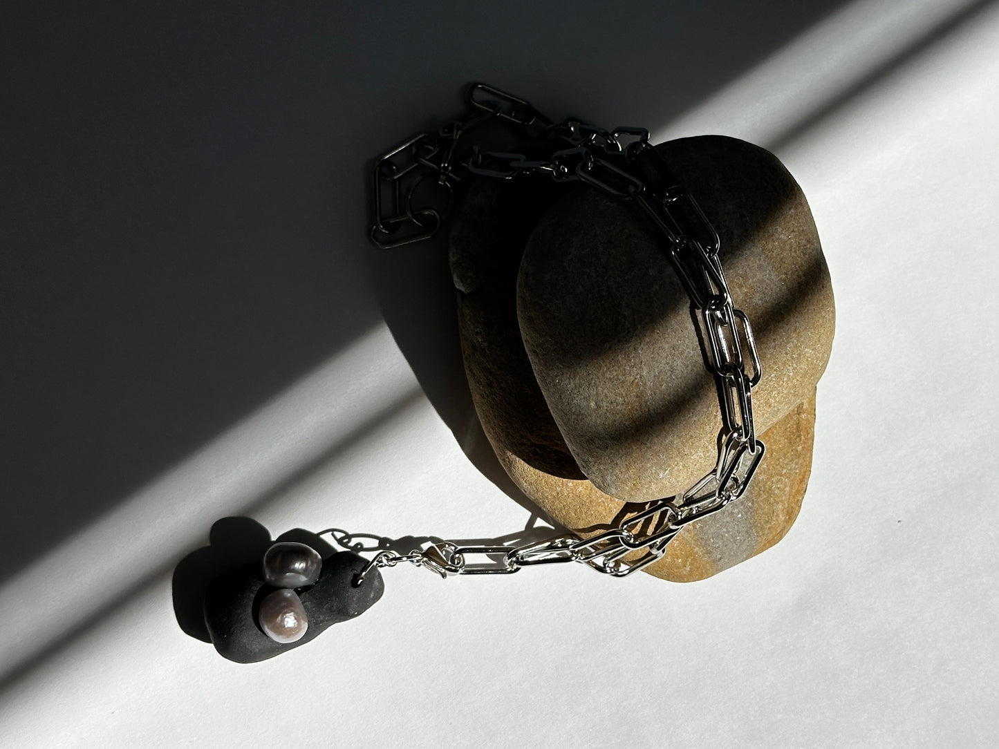 Black Ceramic Form & Pearl Pendant on Silver Paperclip Chain