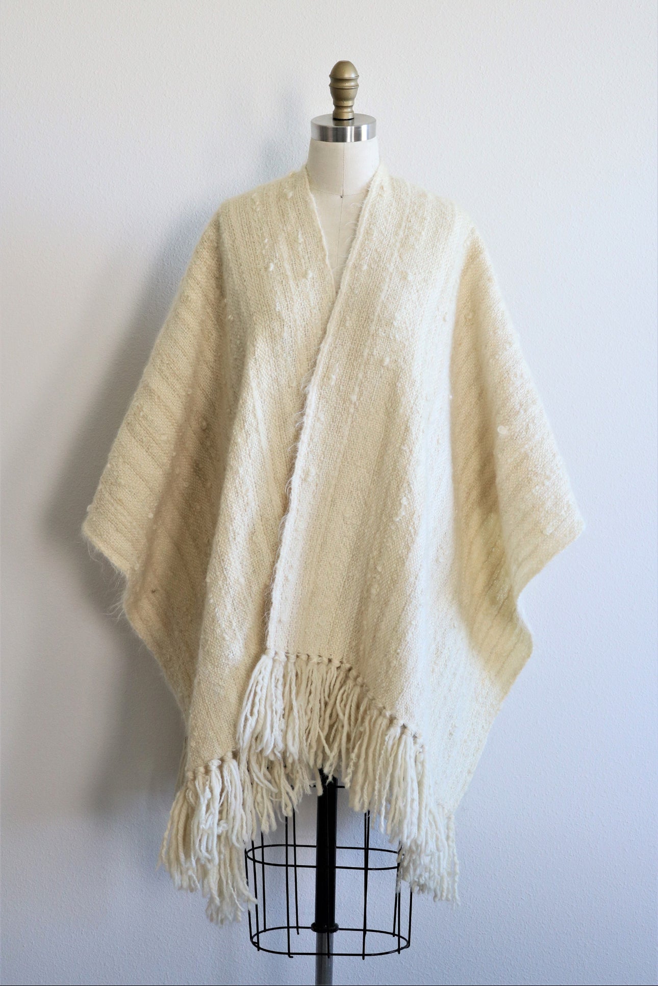 Mohair Wool Hand Loomed Shawl, Ruana, Blanket Wrap by Tierra Wools Original in White Cream