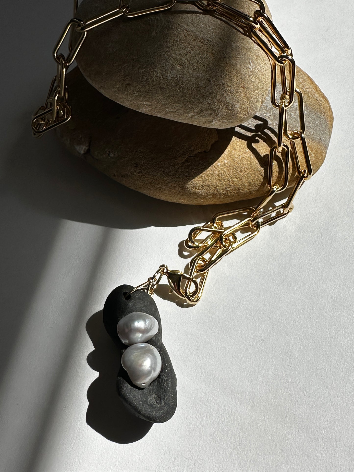 Black Ceramic Form & Baroque Pearl Pendant on Gold Paperclip Chain
