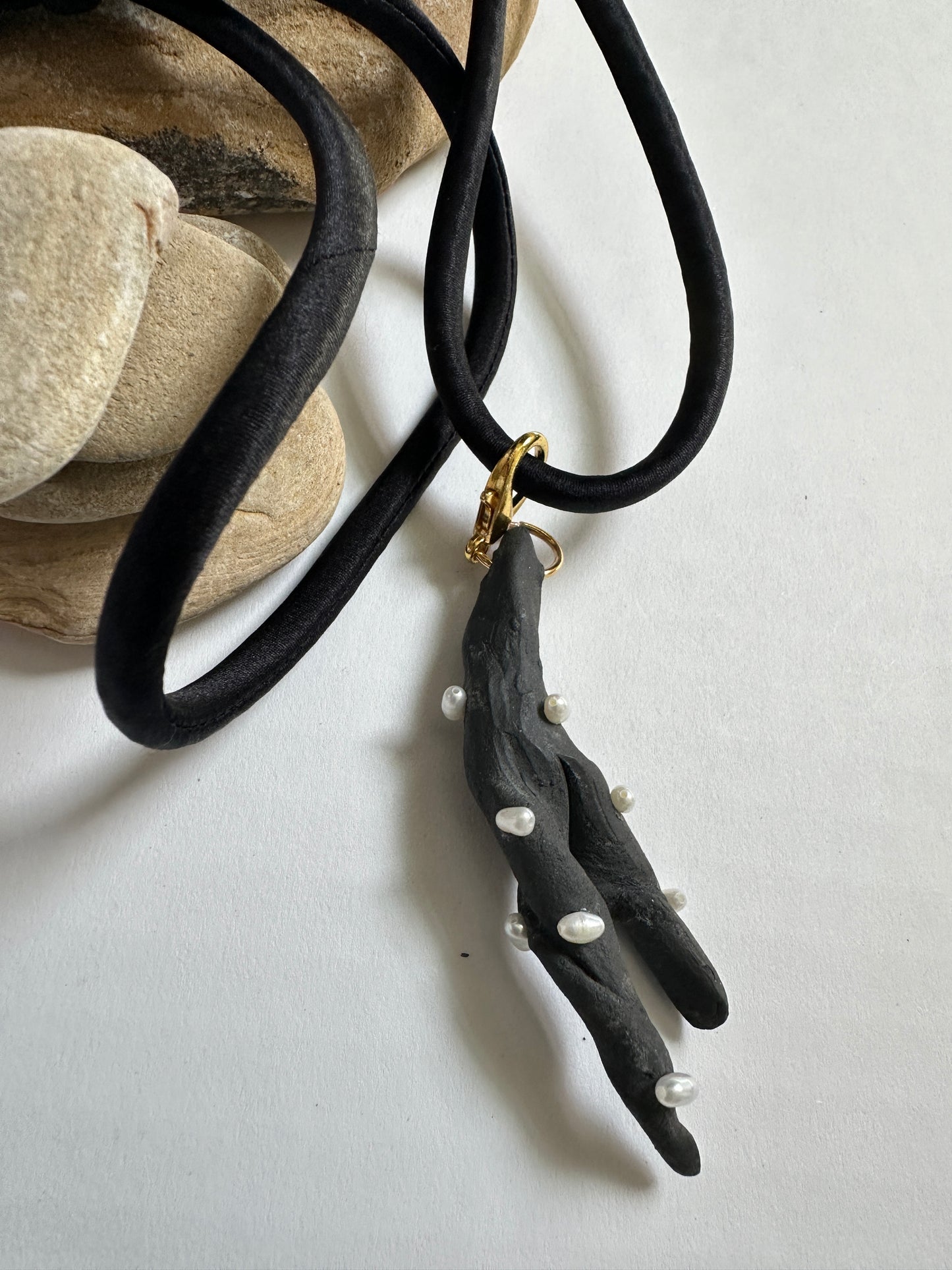 Pearl-Studded Dark Ceramic Driftwood Pendant on Black Silk Cord
