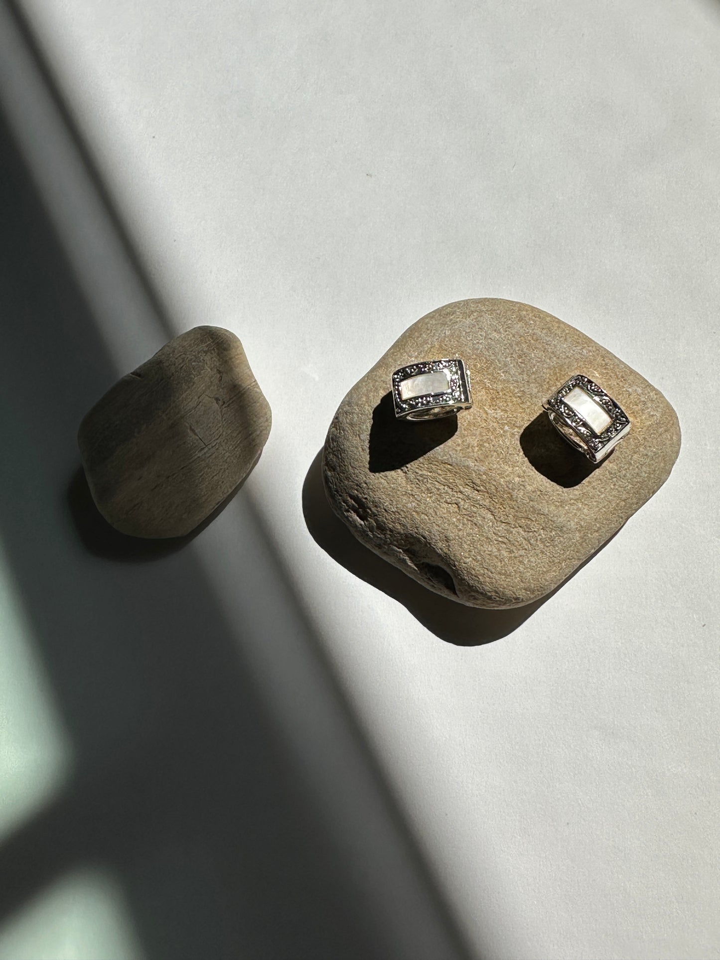 Vintage Mother of Pearl Rectangle Stud Earrings with Marcasite Border