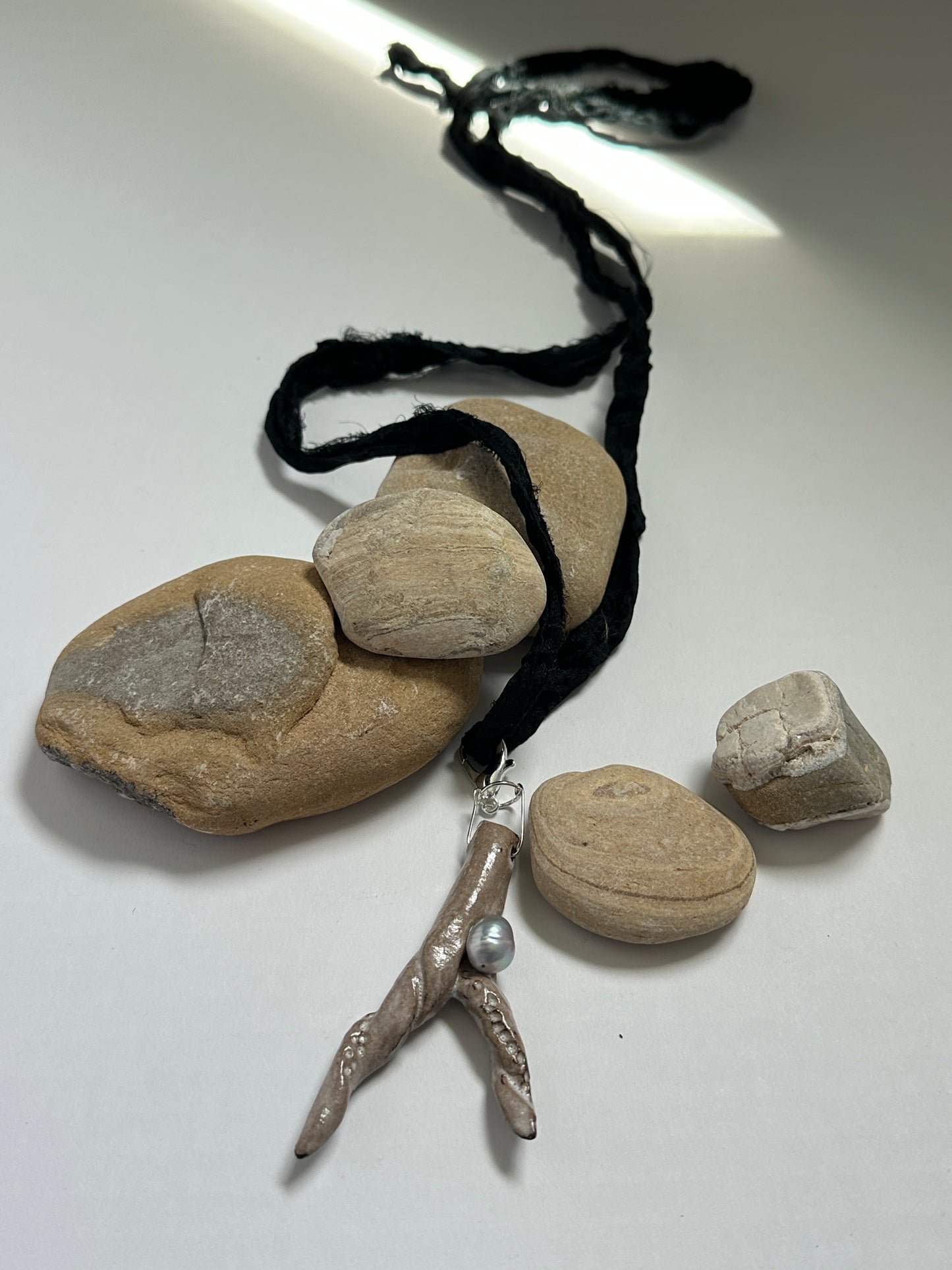 Taupe Ceramic Driftwood & Baroque Pearl Pendant on Raw Silk Cord