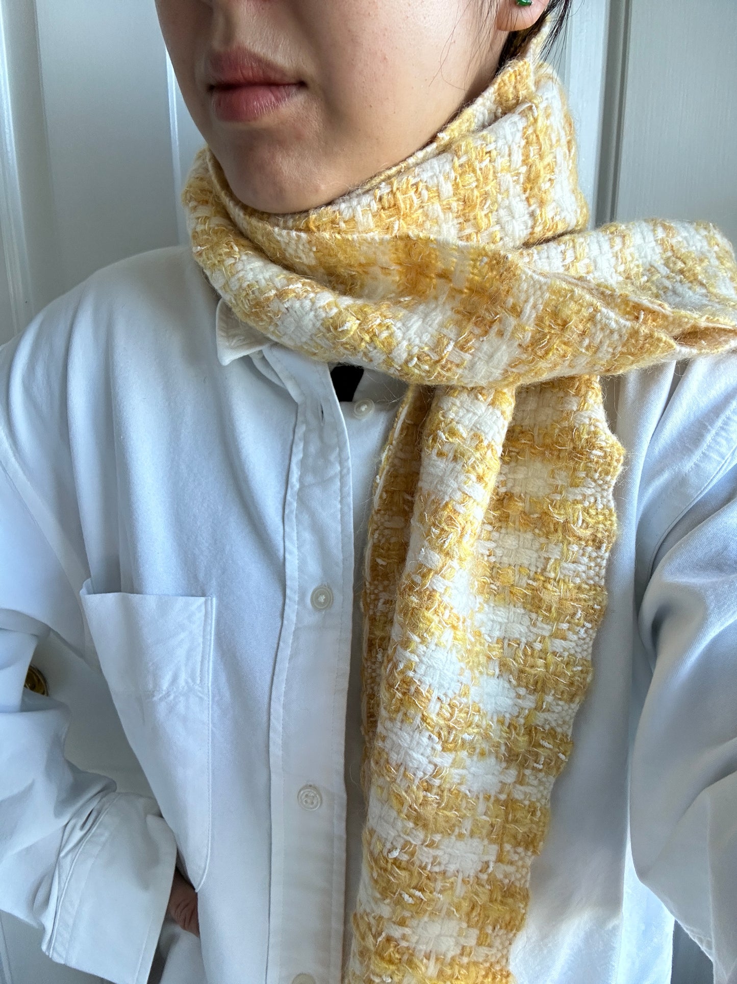 Yellow and white check wool scarf