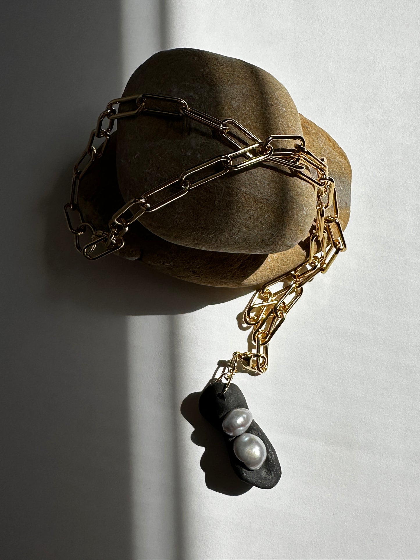 Black Ceramic Form & Baroque Pearl Pendant on Gold Paperclip Chain