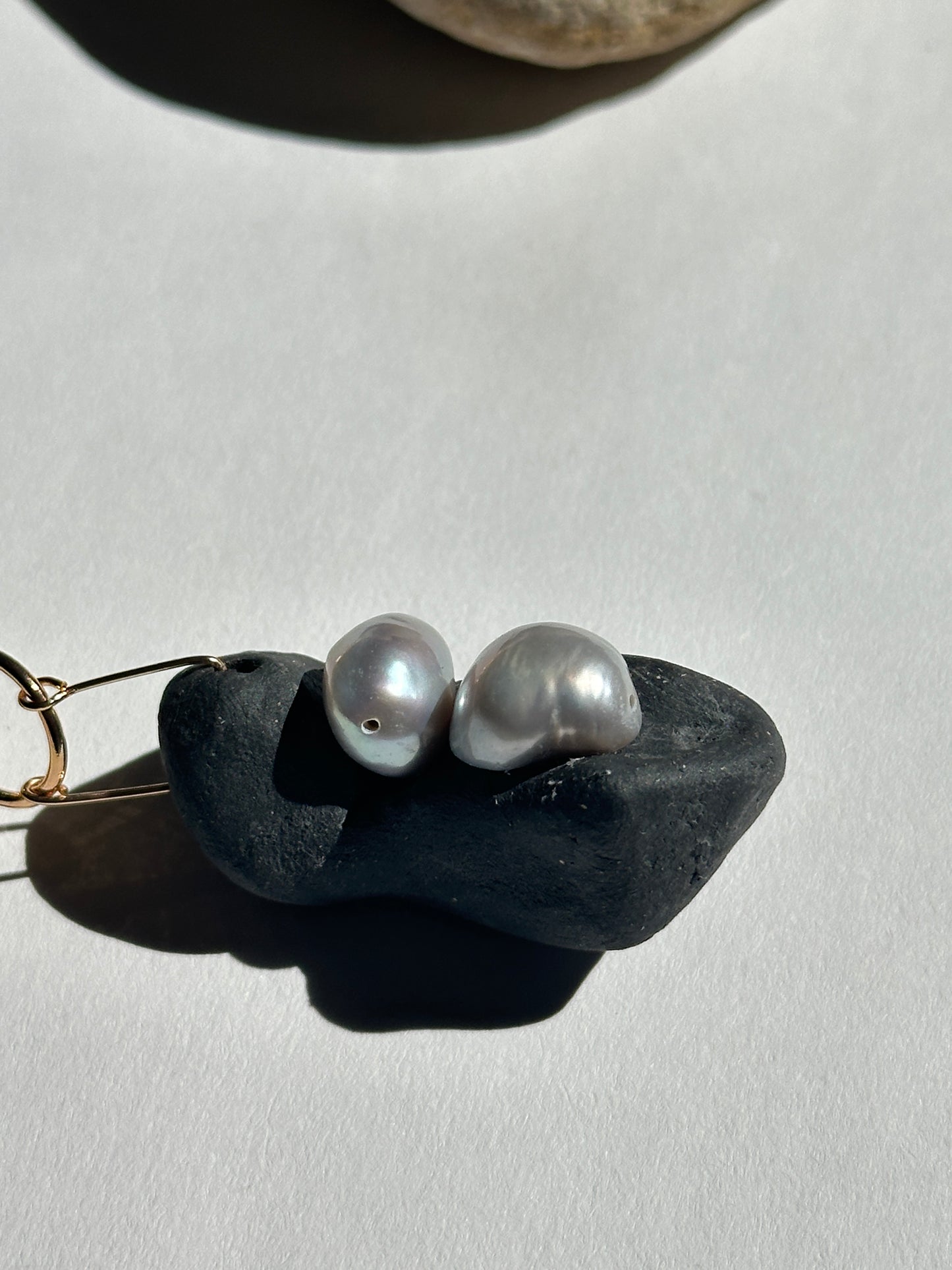 Black Ceramic Form & Baroque Pearl Pendant on Gold Paperclip Chain
