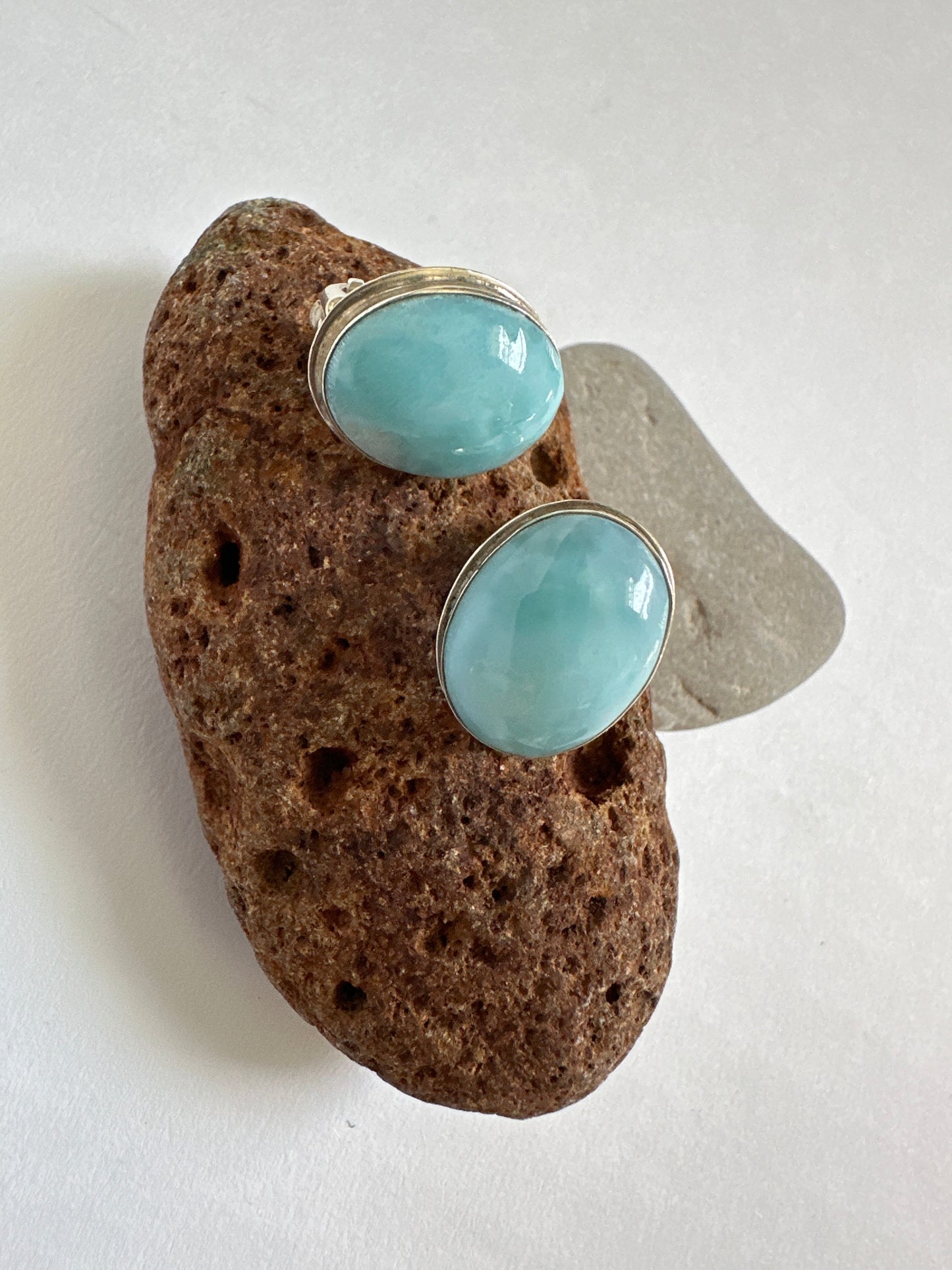 Vintage Larimar Oval Cabochon Sterling Silver Stud Earrings