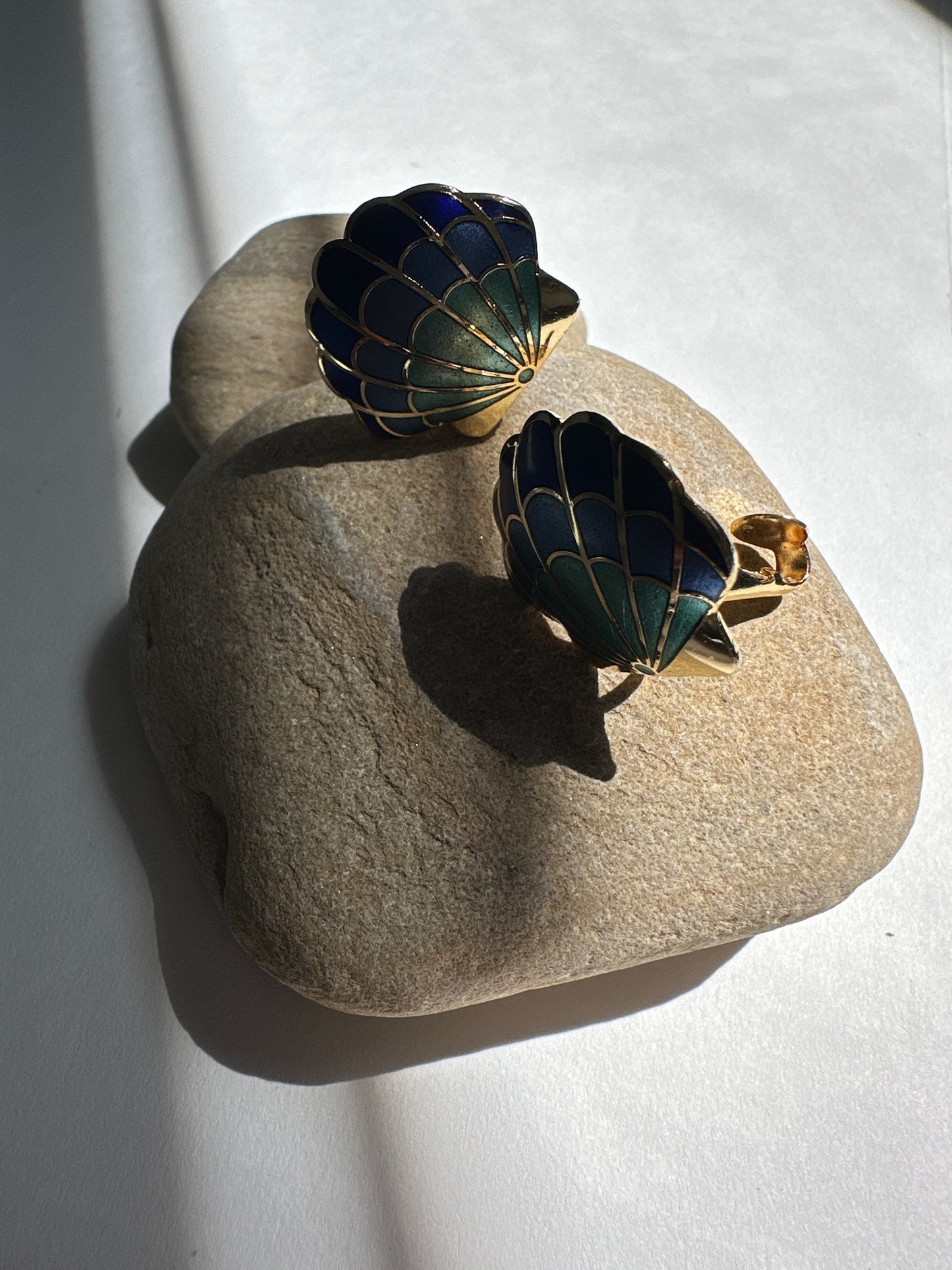 Vintage Cloisonné Scallop Shell Earrings in Teal & Cobalt