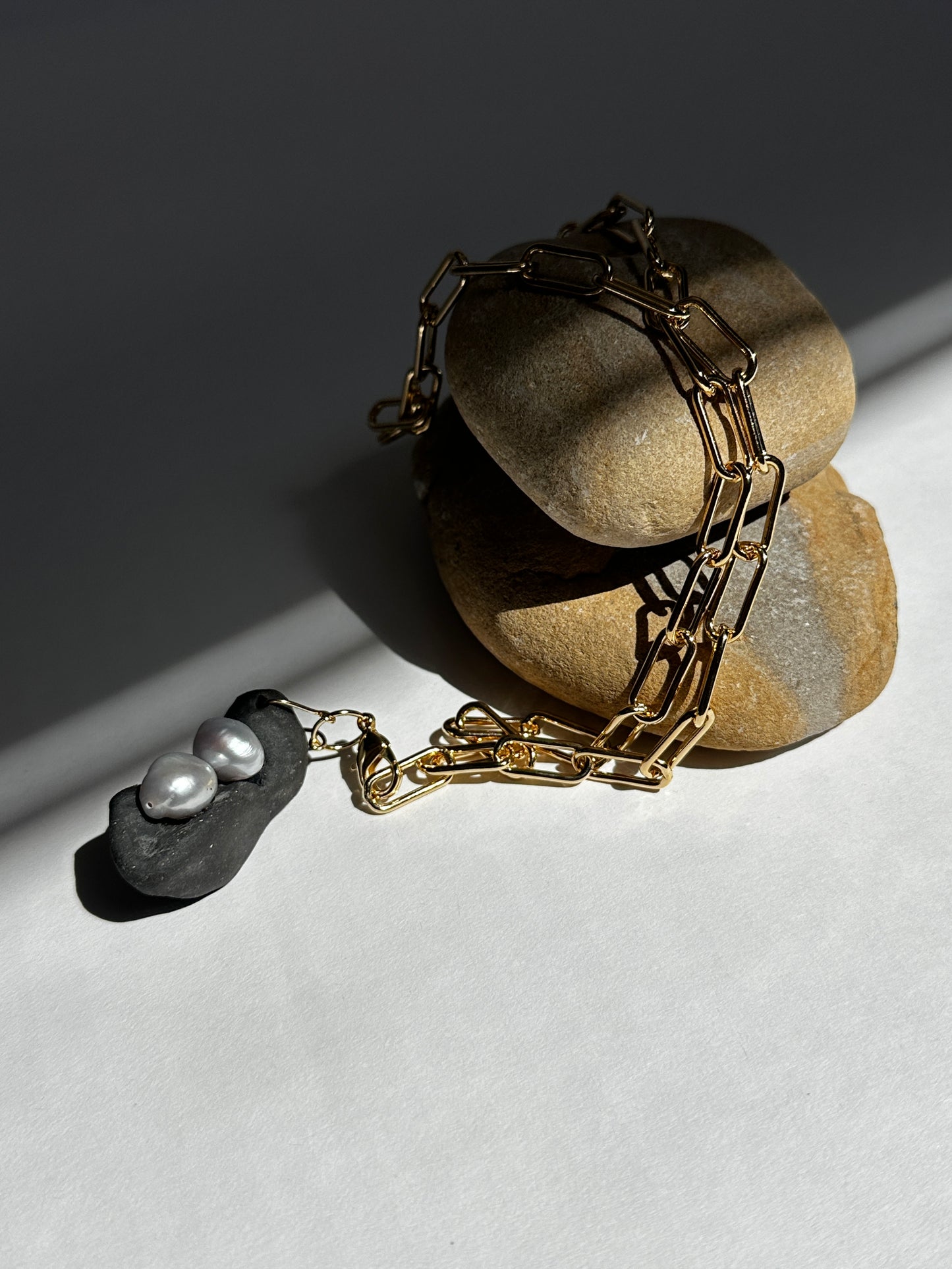 Black Ceramic Form & Baroque Pearl Pendant on Gold Paperclip Chain