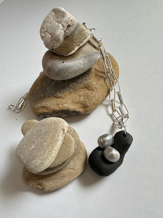 Black Ceramic Form & Pearl Pendant on Silver Paperclip Chain