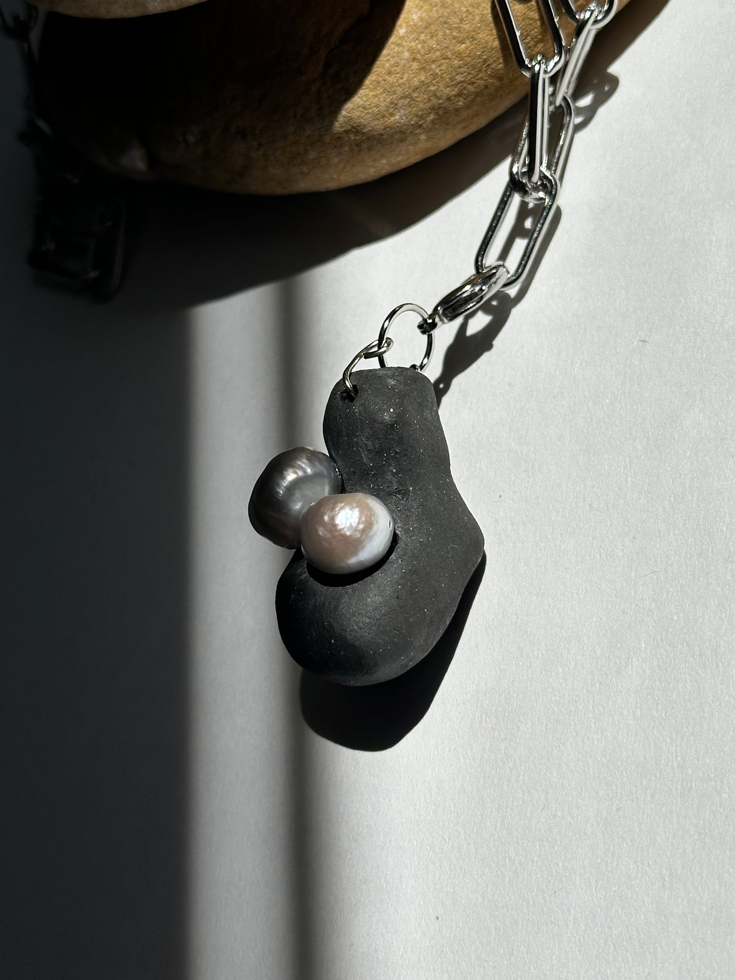 Black Ceramic Form & Pearl Pendant on Silver Paperclip Chain
