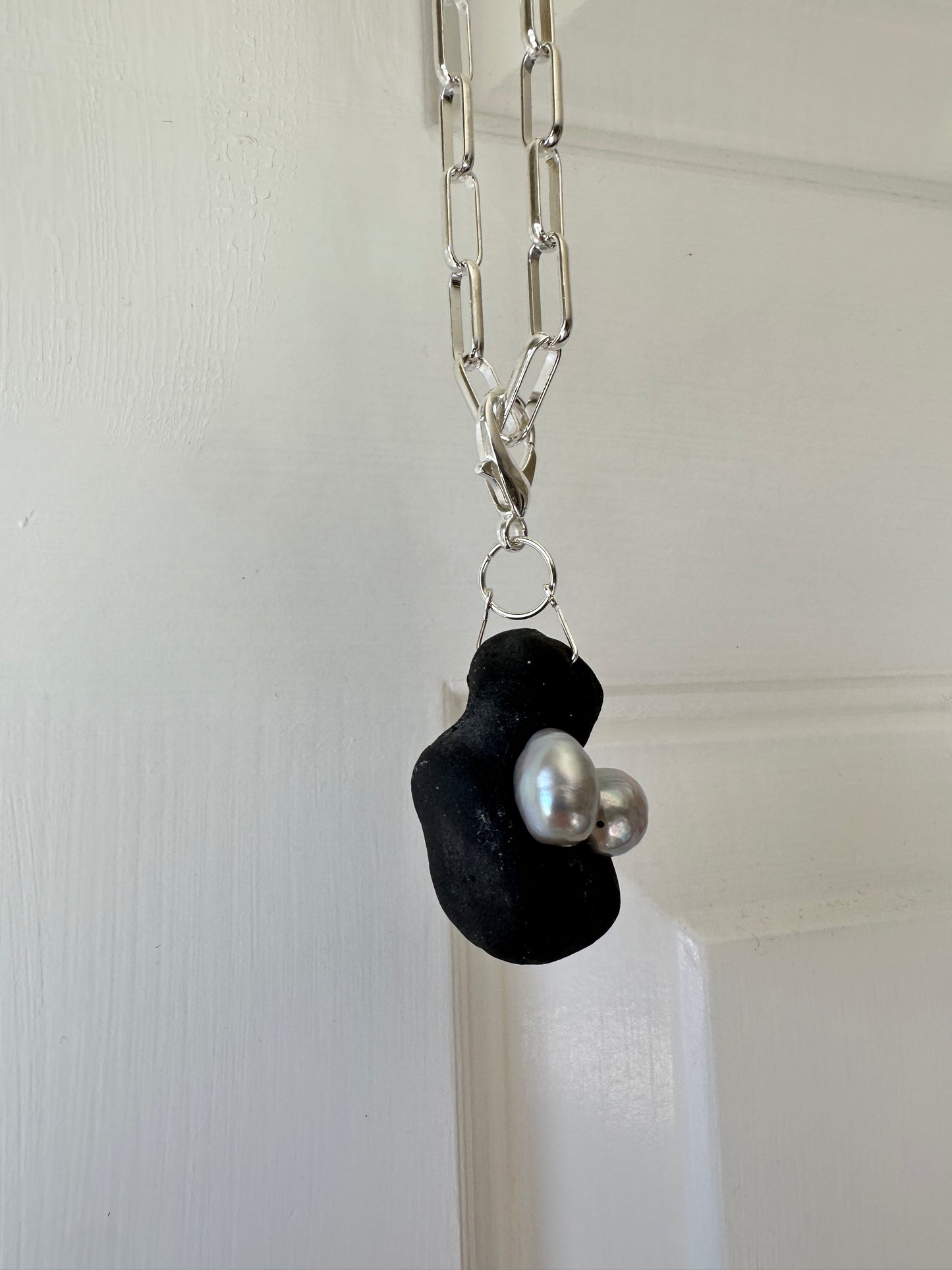 Black Ceramic Form & Pearl Pendant on Silver Paperclip Chain