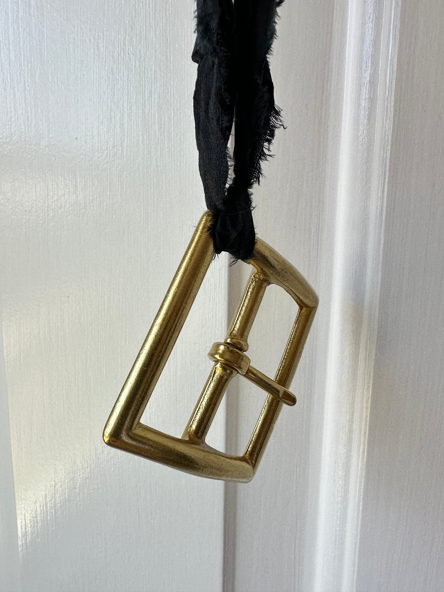 Artisanal Belt Buckle Pendant Necklace on Silk Sari Cord in Black