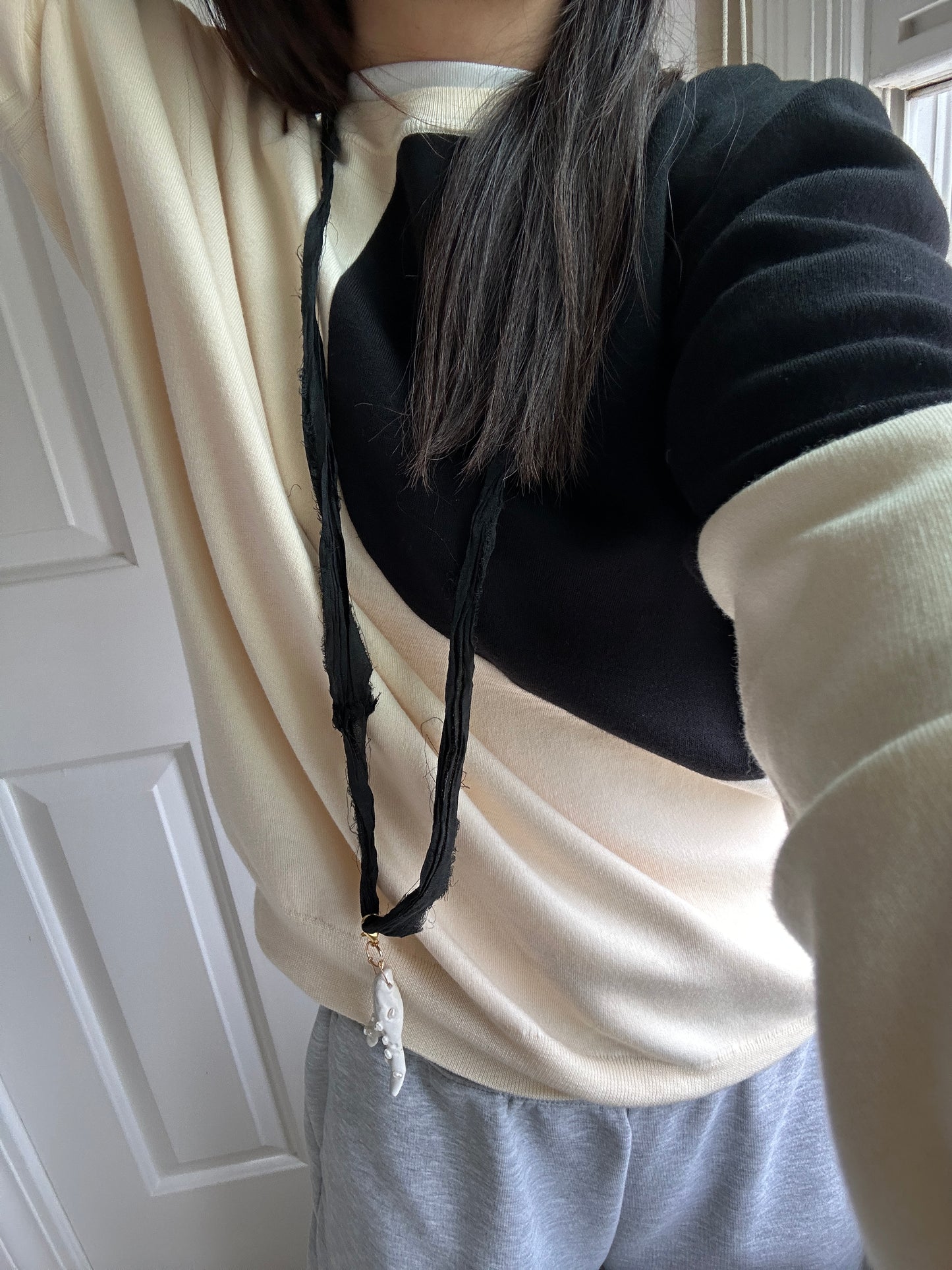 Pearl-Studded Ceramic Driftwood Pendant on Raw Silk Cord