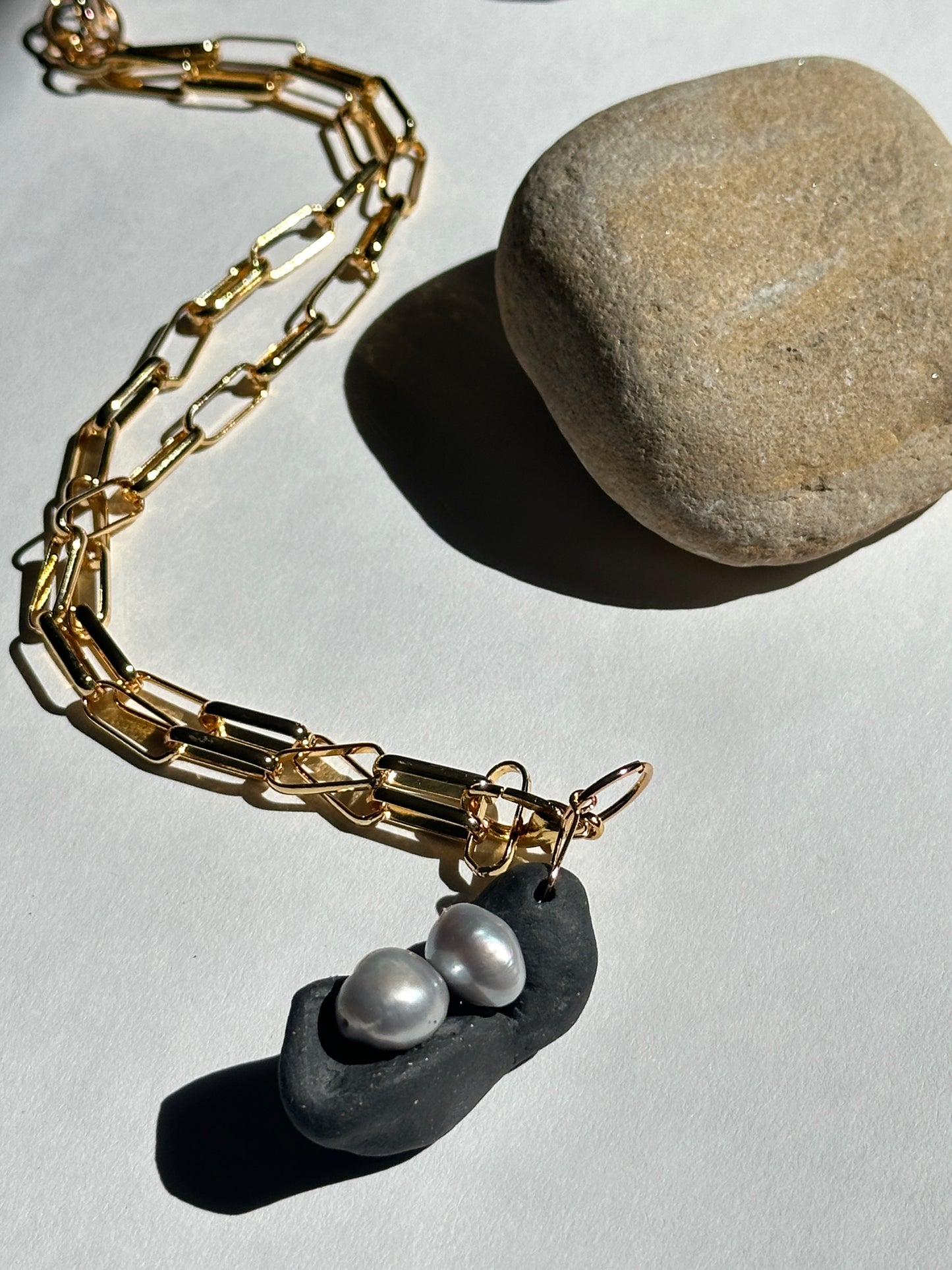 Black Ceramic Form & Baroque Pearl Pendant on Gold Paperclip Chain