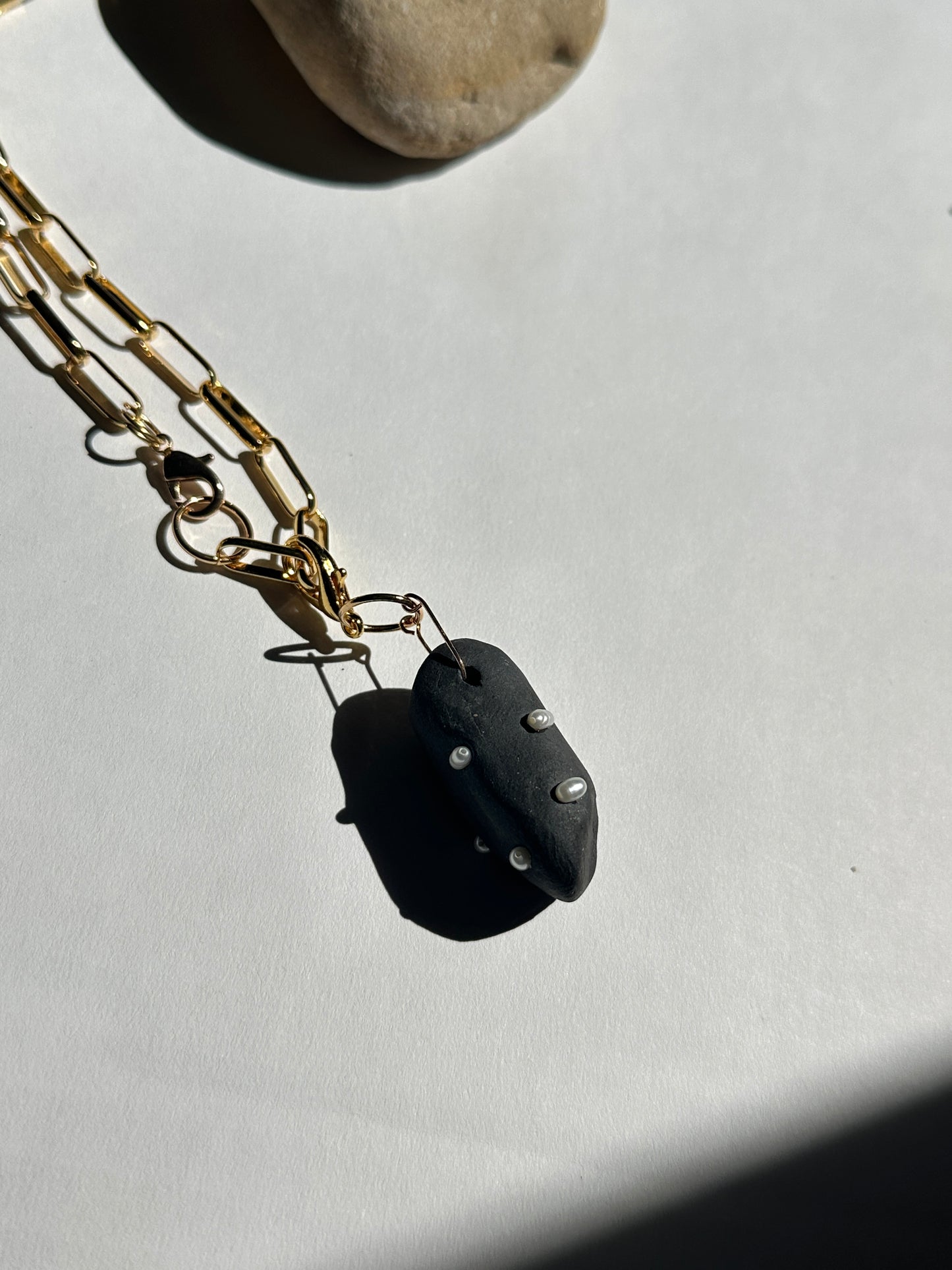 Black Ceramic Form & Small Pearl Pendant on Gold Paperclip Chain
