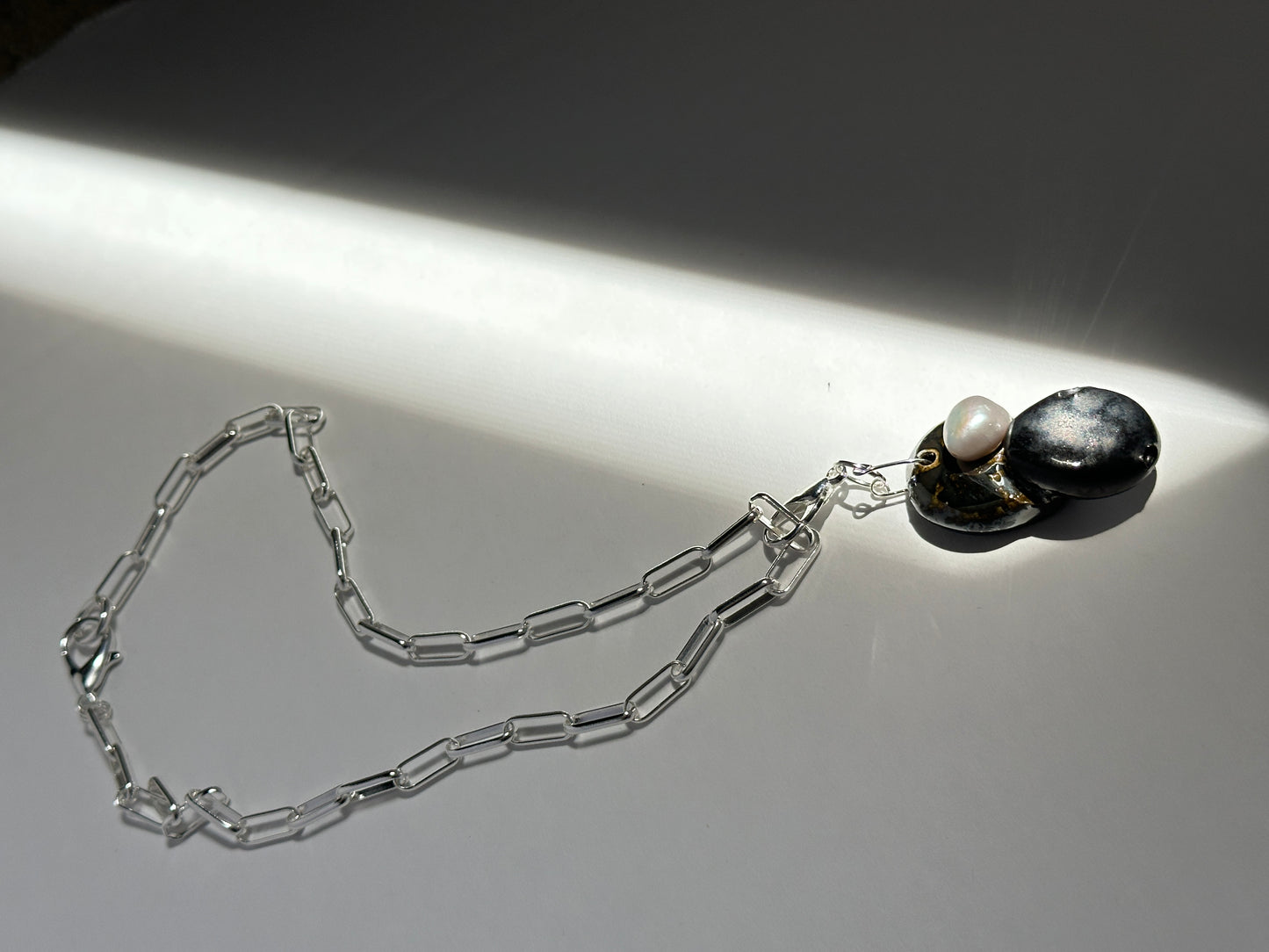 Stacked Ceramic Cobbles & Baroque Pearl Pendant on Silver Paperclip Chain