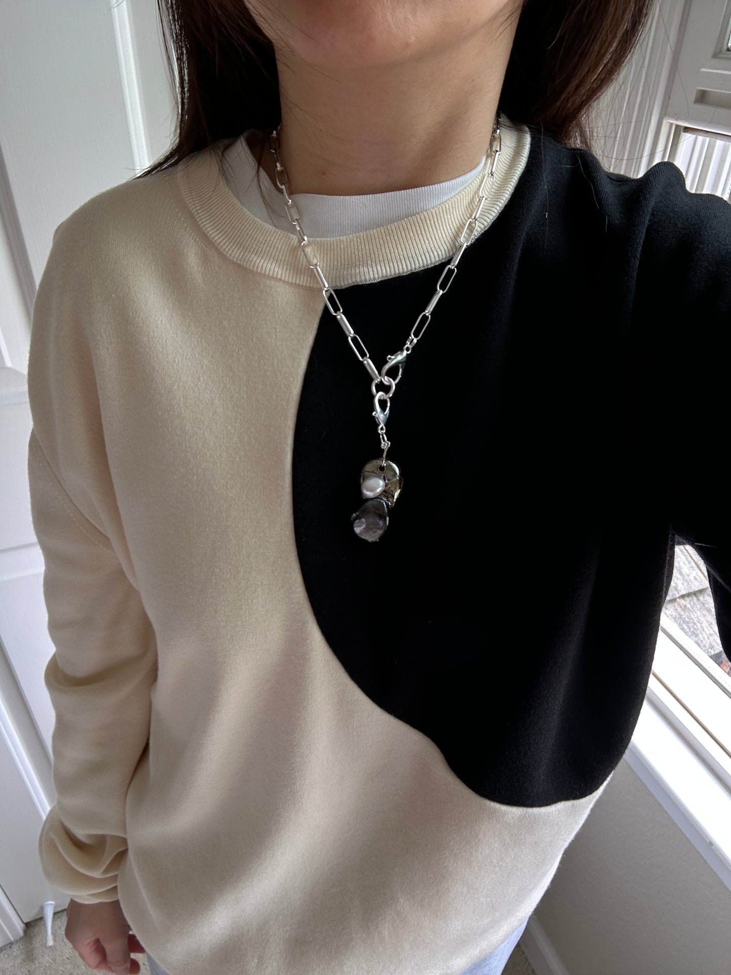 Stacked Ceramic Cobbles & Baroque Pearl Pendant on Silver Paperclip Chain