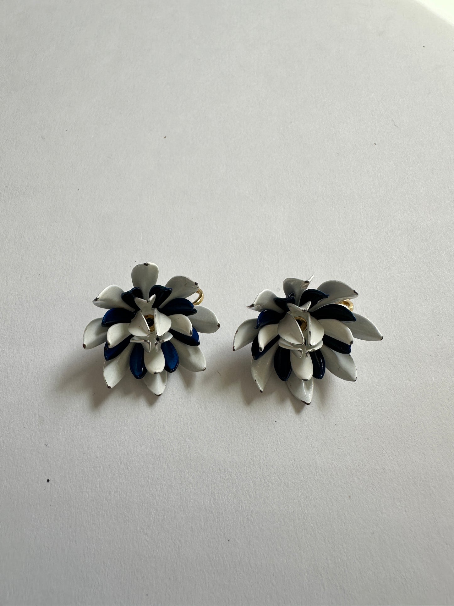 Vintage Navy & White Enamel Flower Cluster Clip-On Earrings