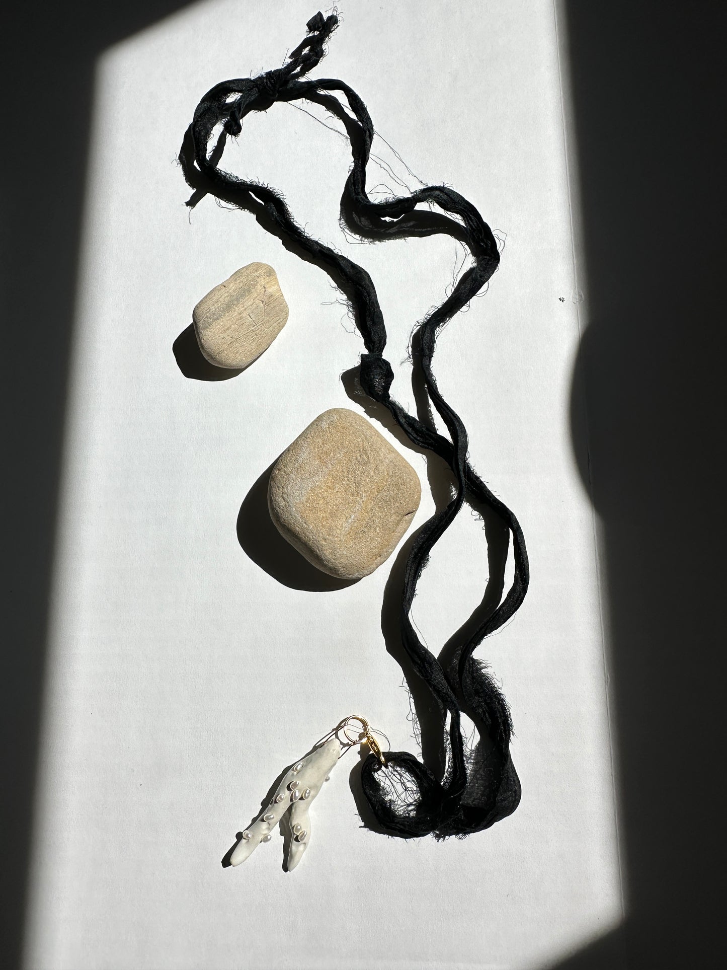 Pearl-Studded Ceramic Driftwood Pendant on Raw Silk Cord