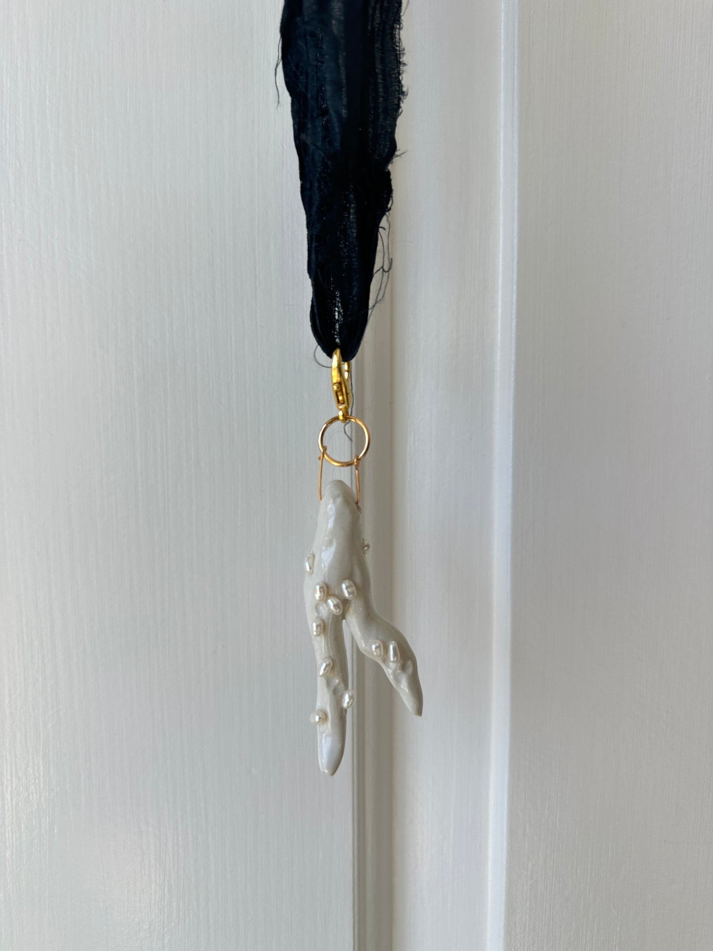 Pearl-Studded Ceramic Driftwood Pendant on Raw Silk Cord