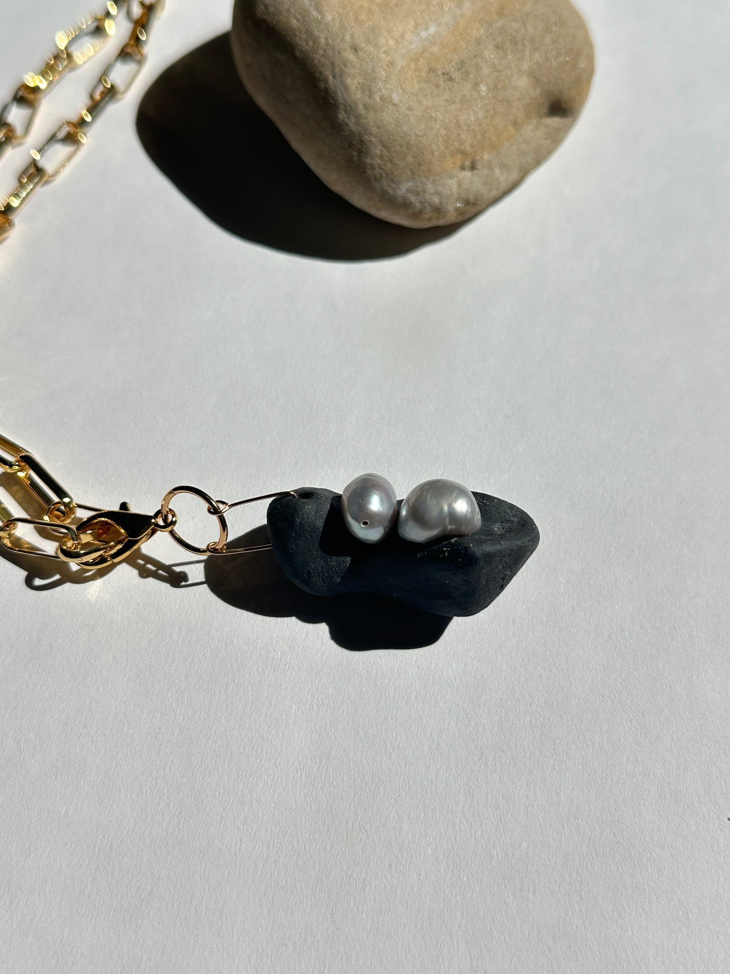 Black Ceramic Form & Baroque Pearl Pendant on Gold Paperclip Chain