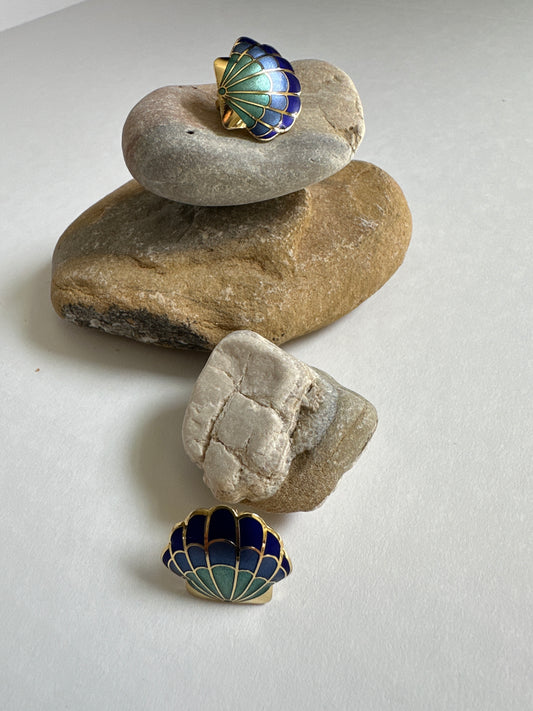 Vintage Cloisonné Scallop Shell Earrings in Teal & Cobalt