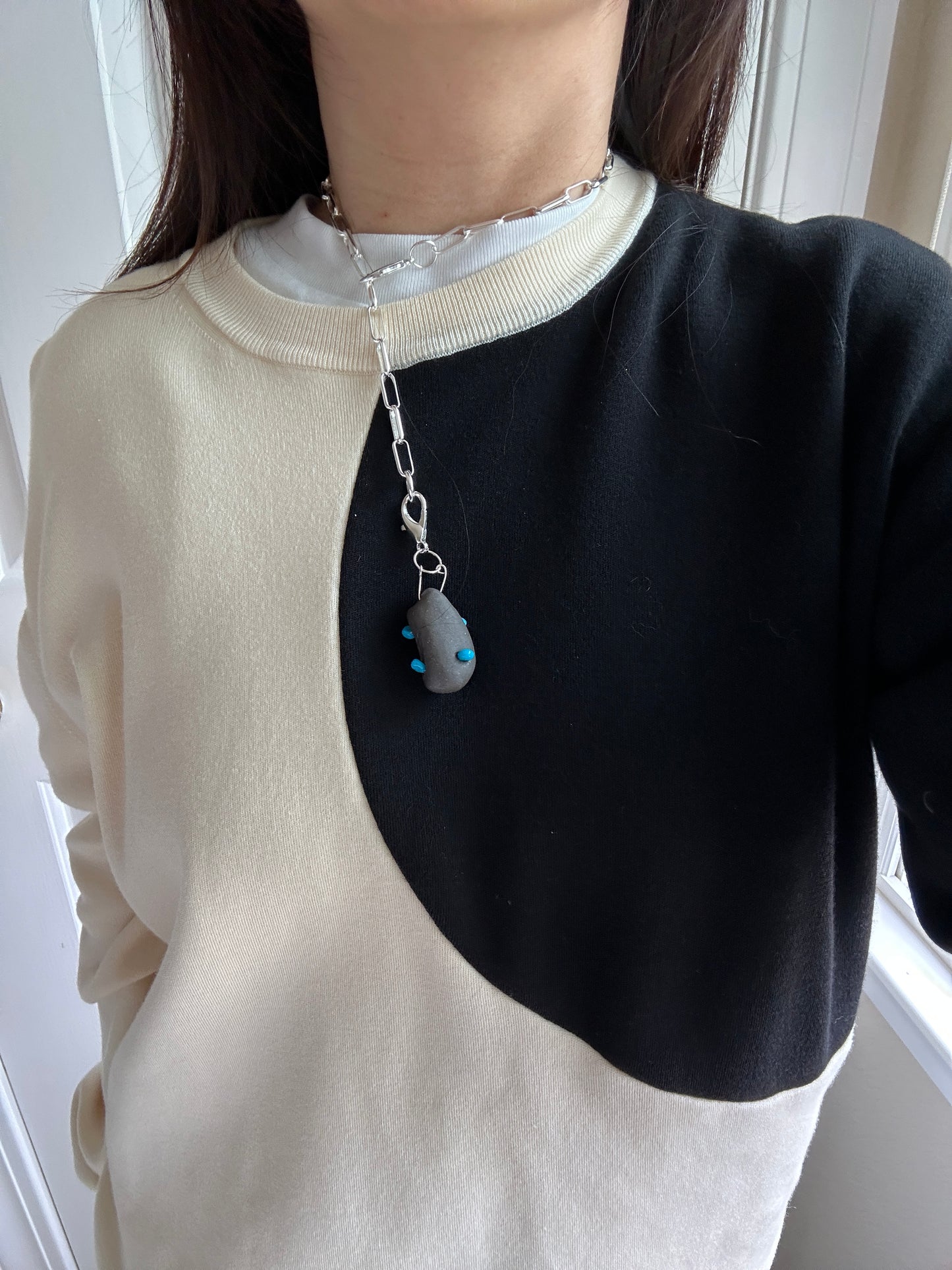 Black Ceramic Form & Turquoise Stone Pendant on Silver Paperclip Chain