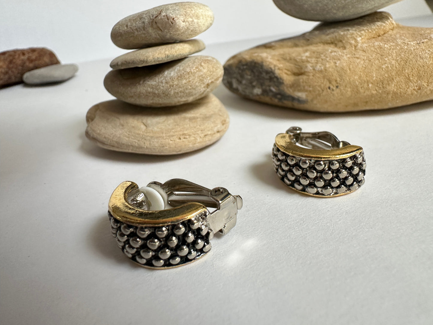 Vintage Two-Tone Dotted Half-Hoop Clip-On Earrings
