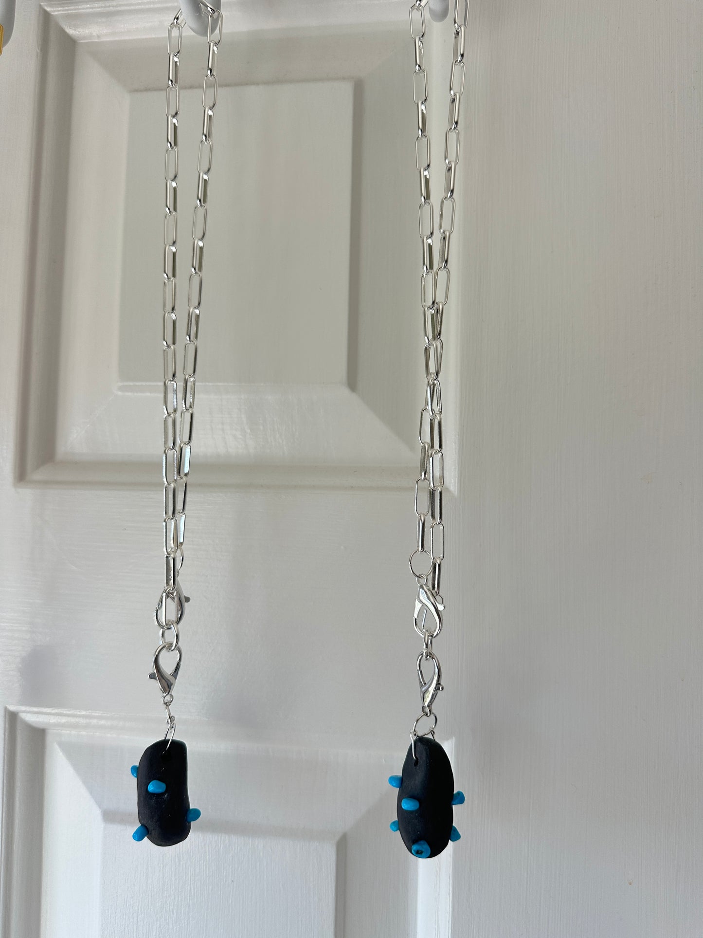 Black Ceramic Form & Turquoise Stone Pendant on Silver Paperclip Chain