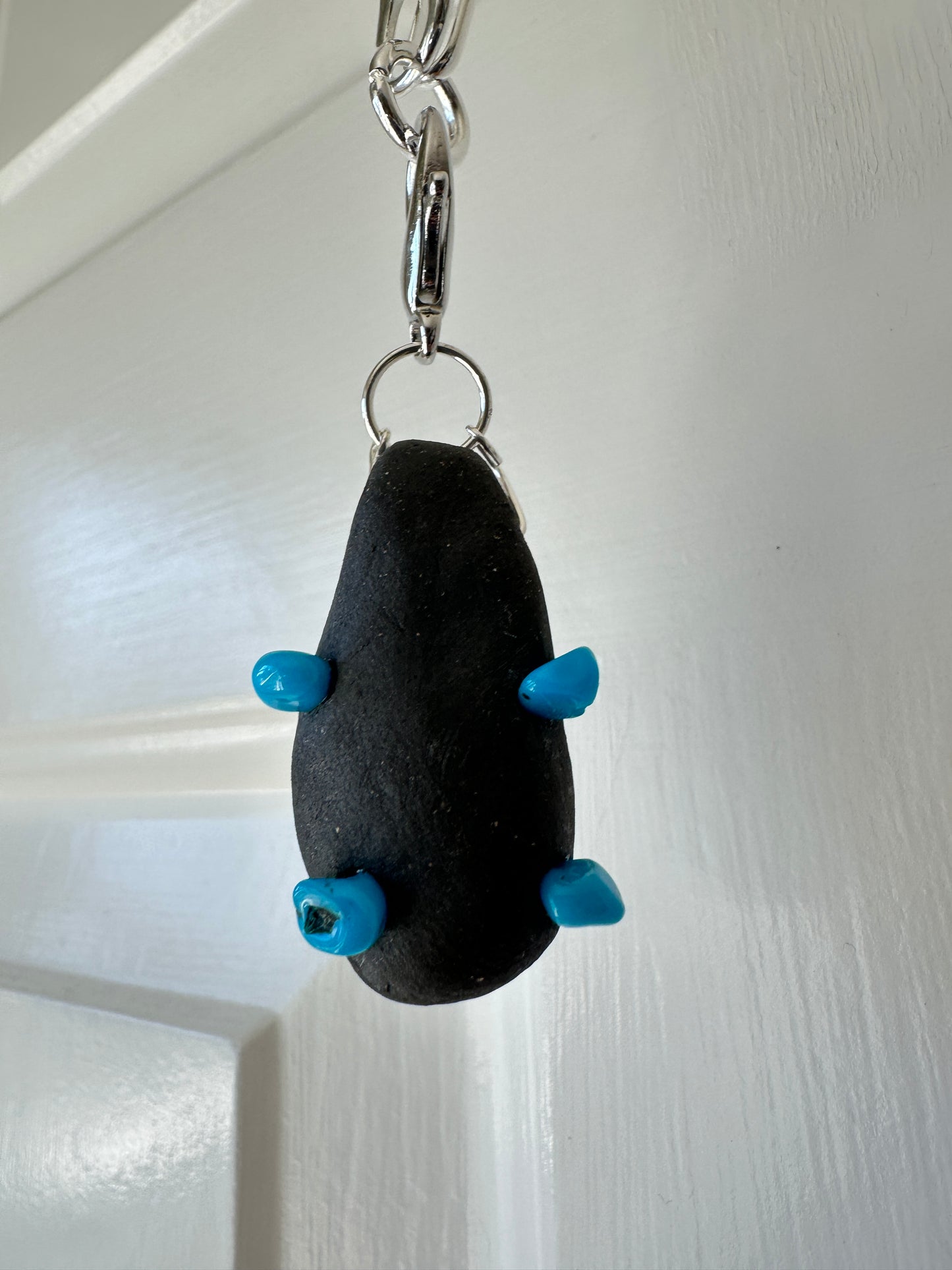 Black Ceramic Form & Turquoise Stone Pendant on Silver Paperclip Chain