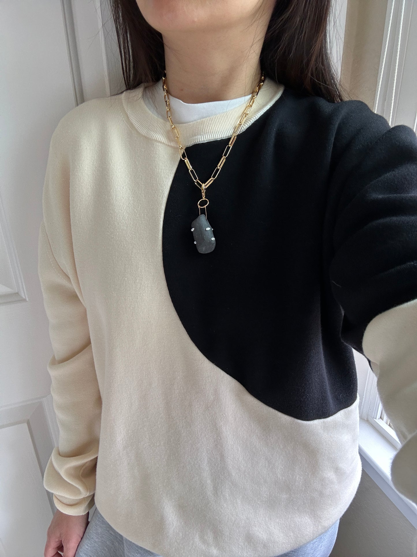 Black Ceramic Form & Small Pearl Pendant on Gold Paperclip Chain
