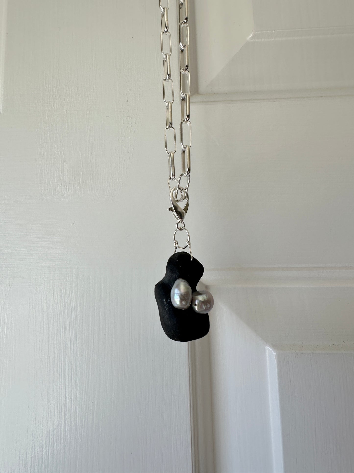 Black Ceramic Form & Pearl Pendant on Silver Paperclip Chain