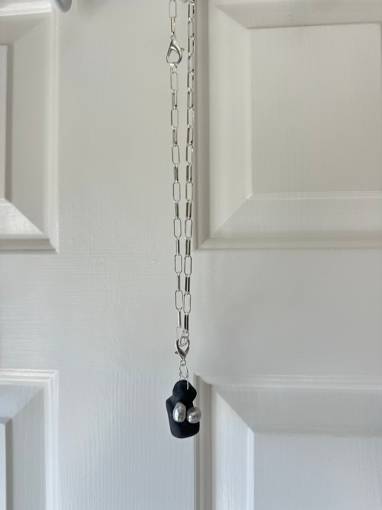 Black Ceramic Form & Pearl Pendant on Silver Paperclip Chain