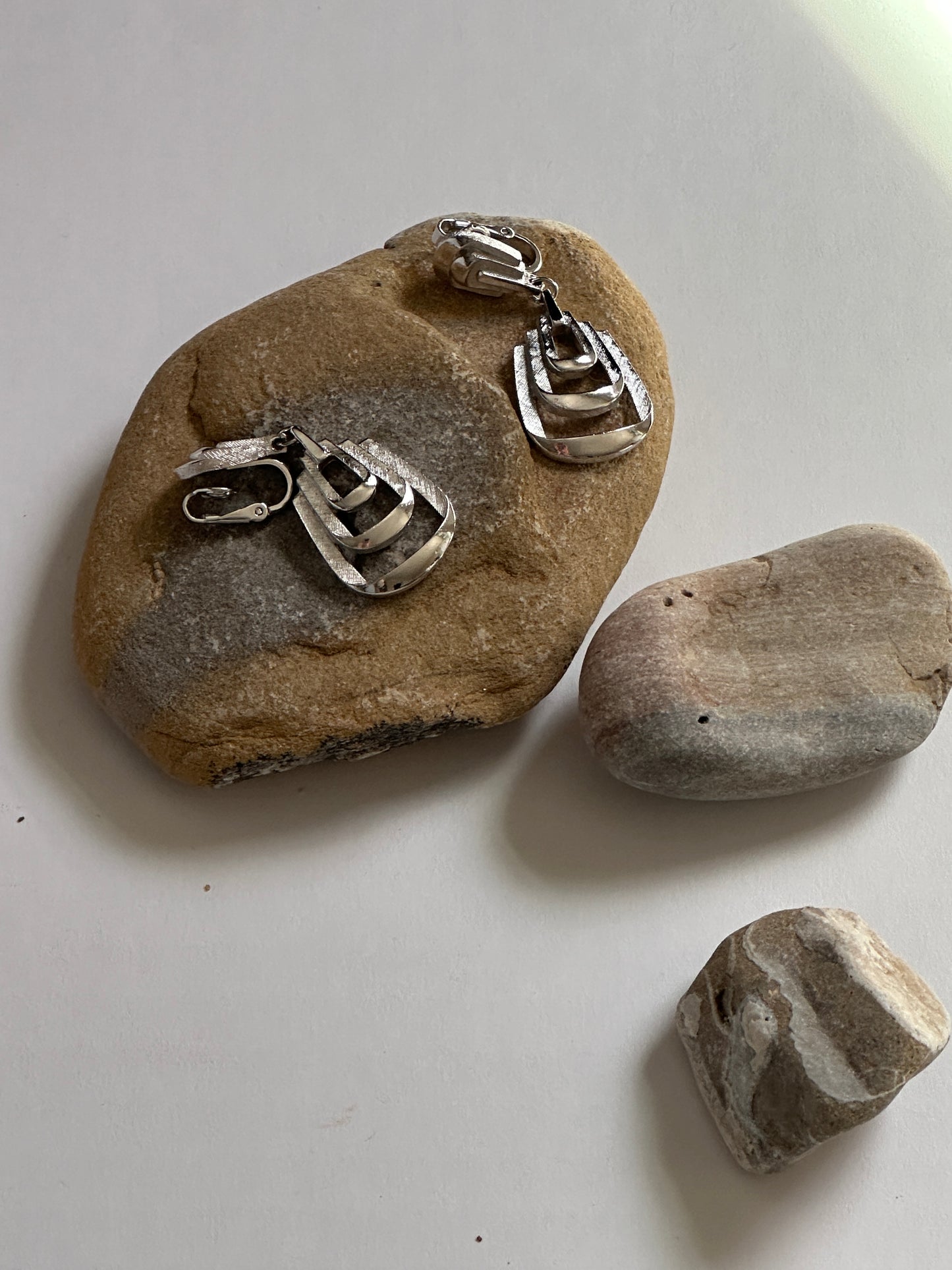 Vintage Nested Trapeze Drop Clip-On Earrings in Silver