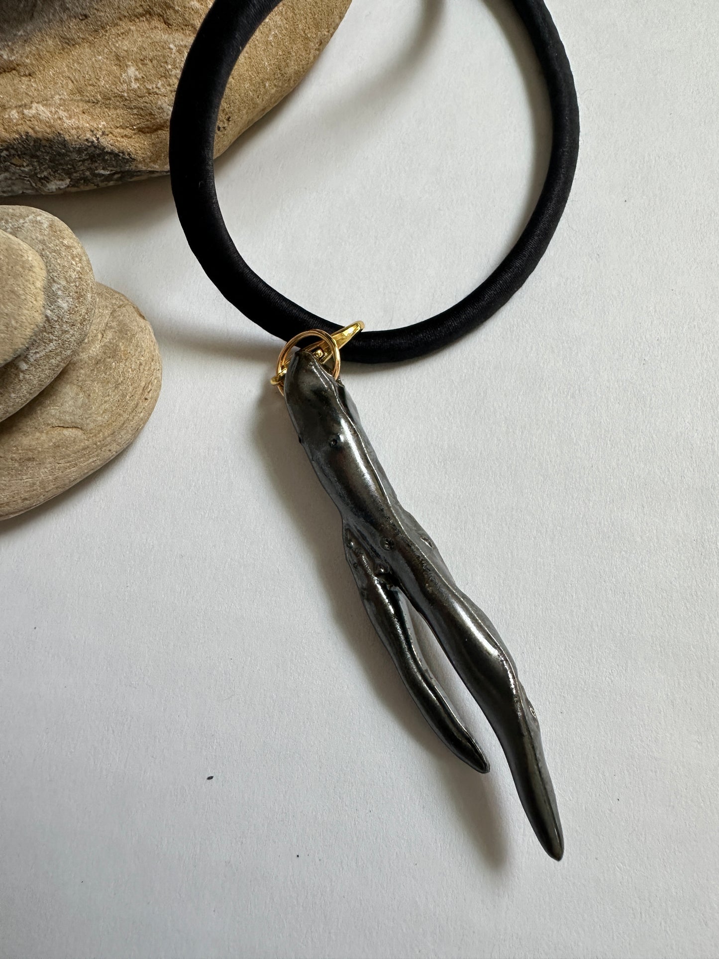 Ceramic Chrome Metalic Driftwood Pendant Necklace on Black Silk Cord