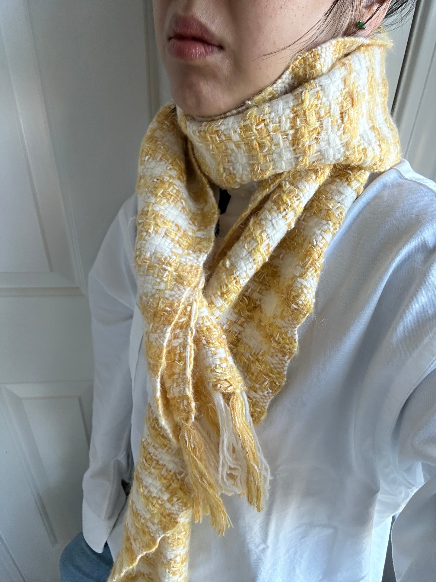 Yellow and white check wool scarf