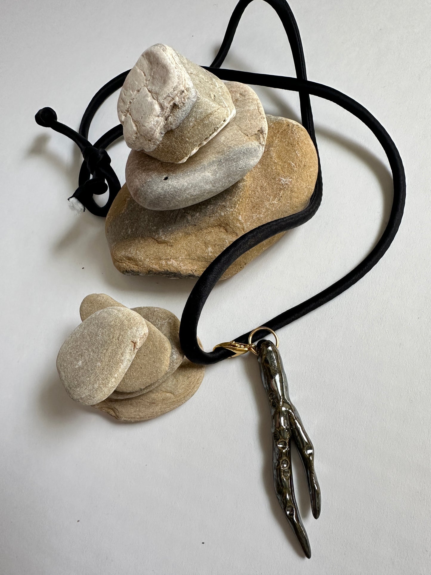 Ceramic Chrome Metalic Driftwood Pendant Necklace on Black Silk Cord