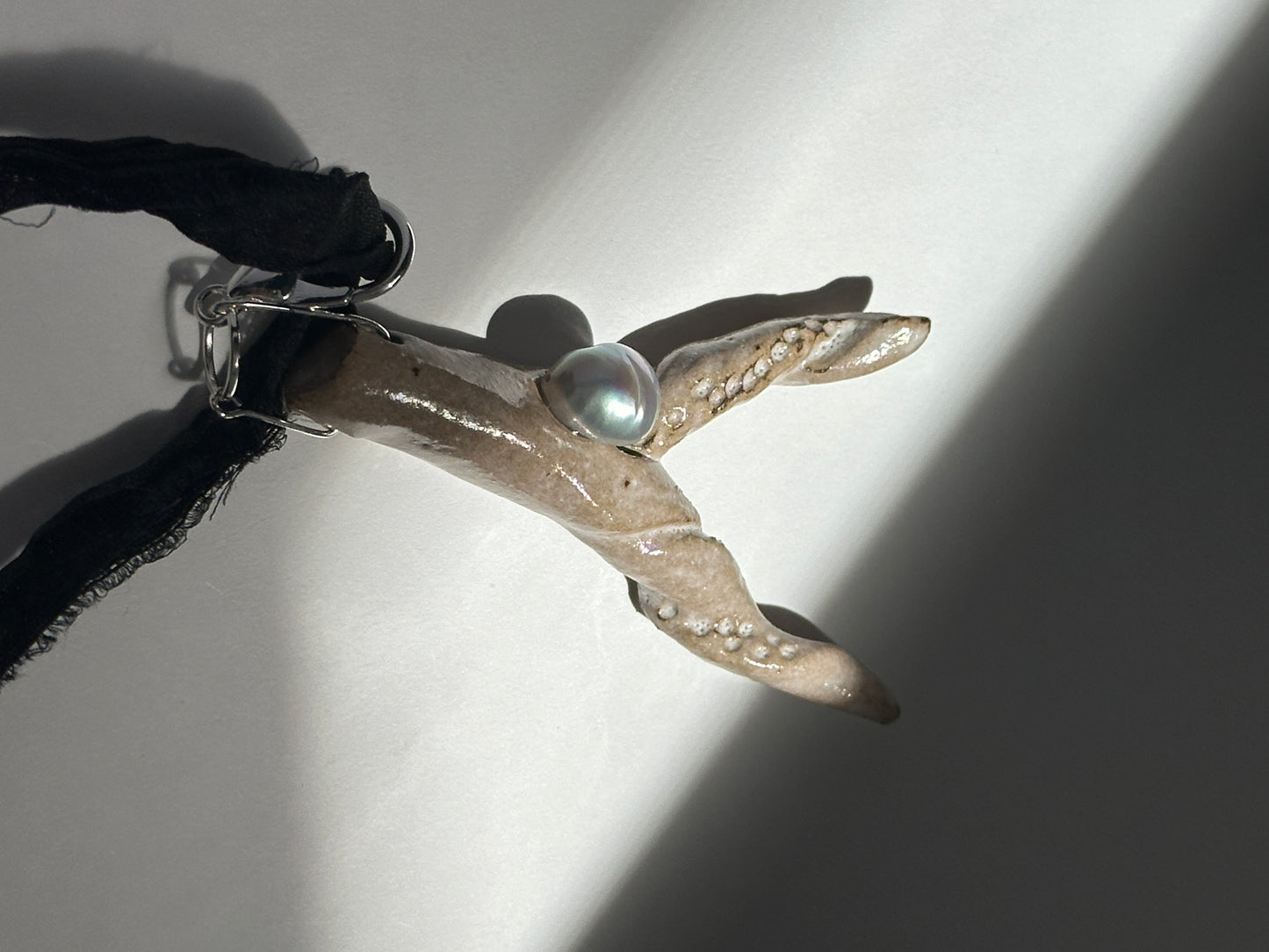 Taupe Ceramic Driftwood & Baroque Pearl Pendant on Raw Silk Cord