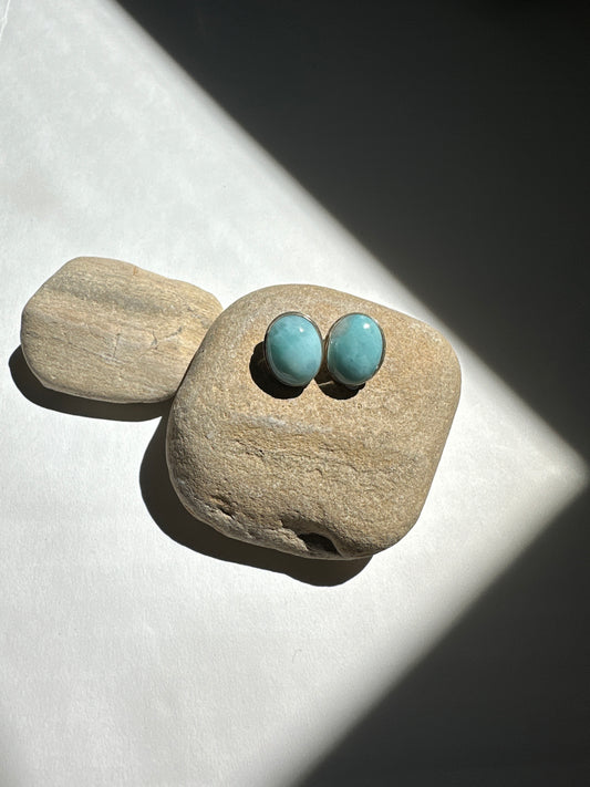 Vintage Larimar Oval Cabochon Sterling Silver Stud Earrings