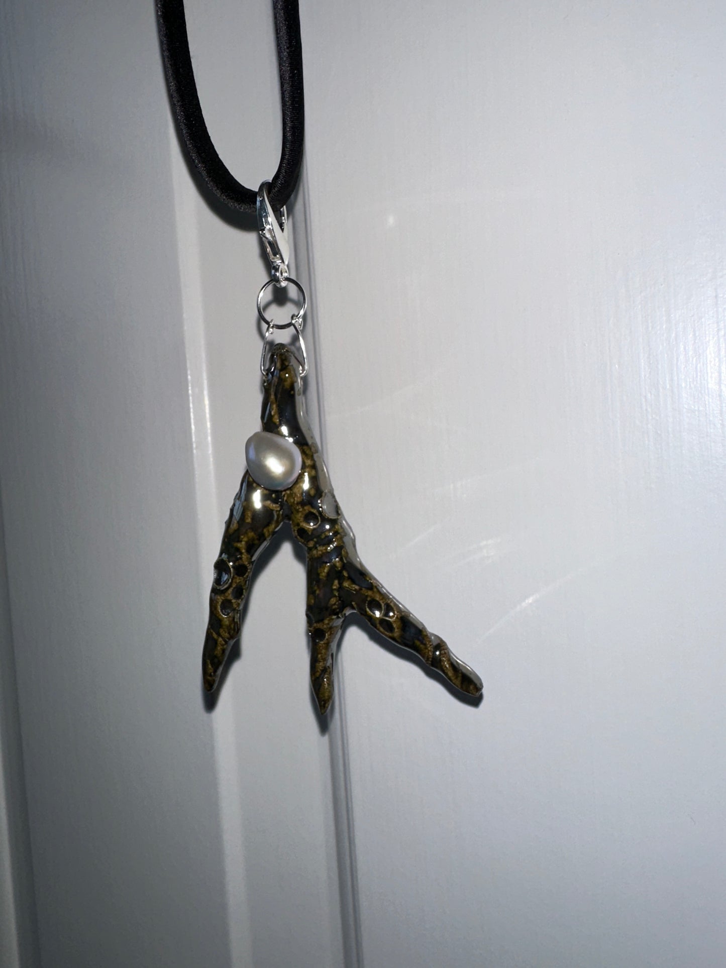 Ceramic Chrome Metalic Driftwood Pendant Necklace With Baroque Pearl on Black Silk Cord