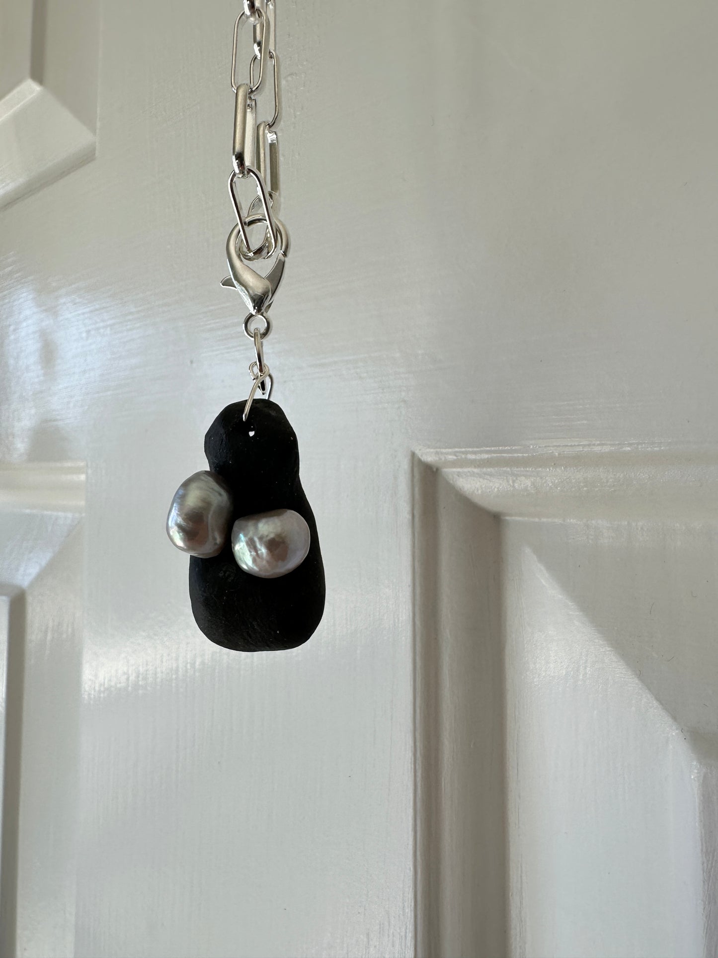 Black Ceramic Form & Pearl Pendant on Silver Paperclip Chain