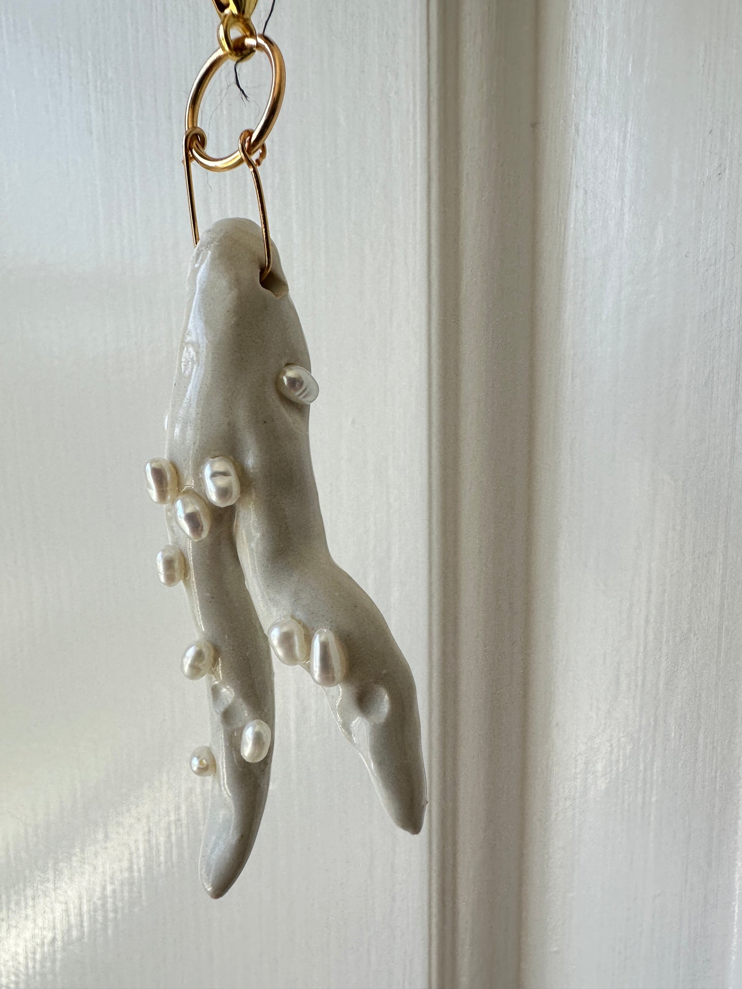 Pearl-Studded Ceramic Driftwood Pendant on Raw Silk Cord