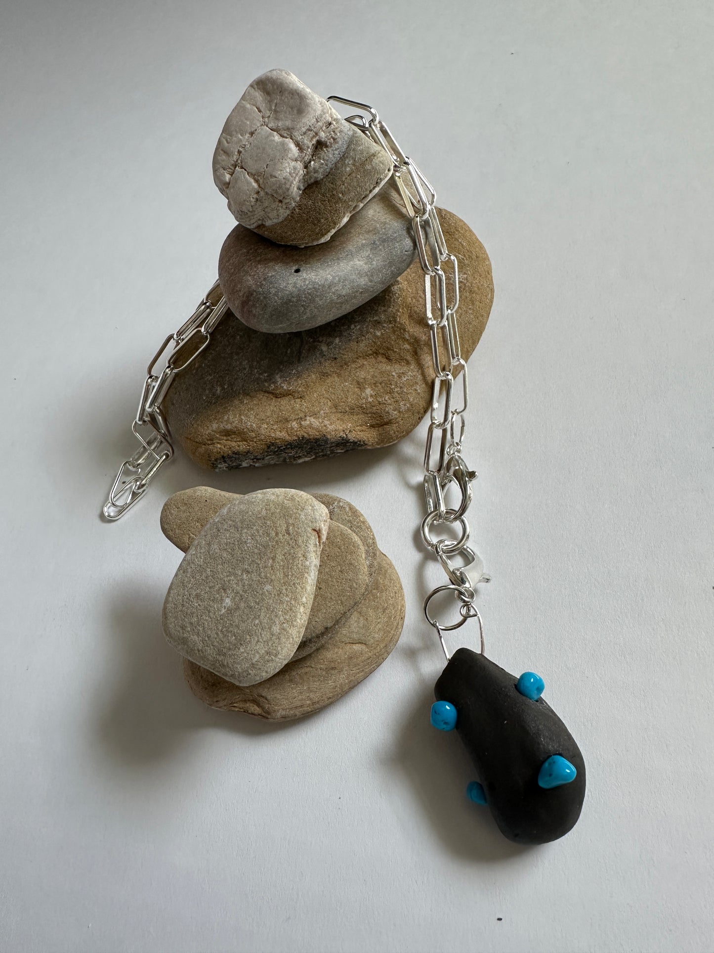 Black Ceramic Form & Turquoise Stone Pendant on Silver Paperclip Chain