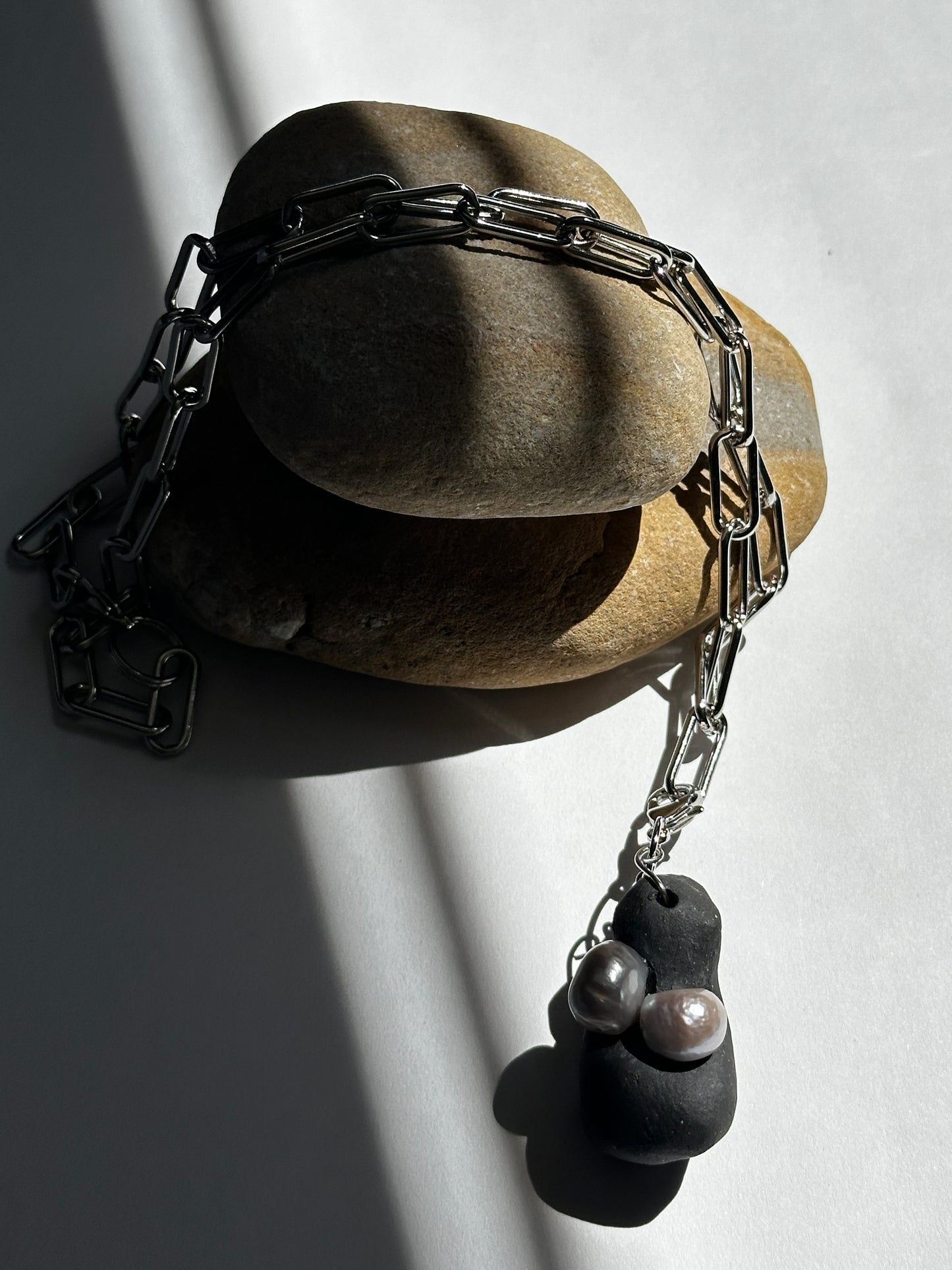 Black Ceramic Form & Pearl Pendant on Silver Paperclip Chain