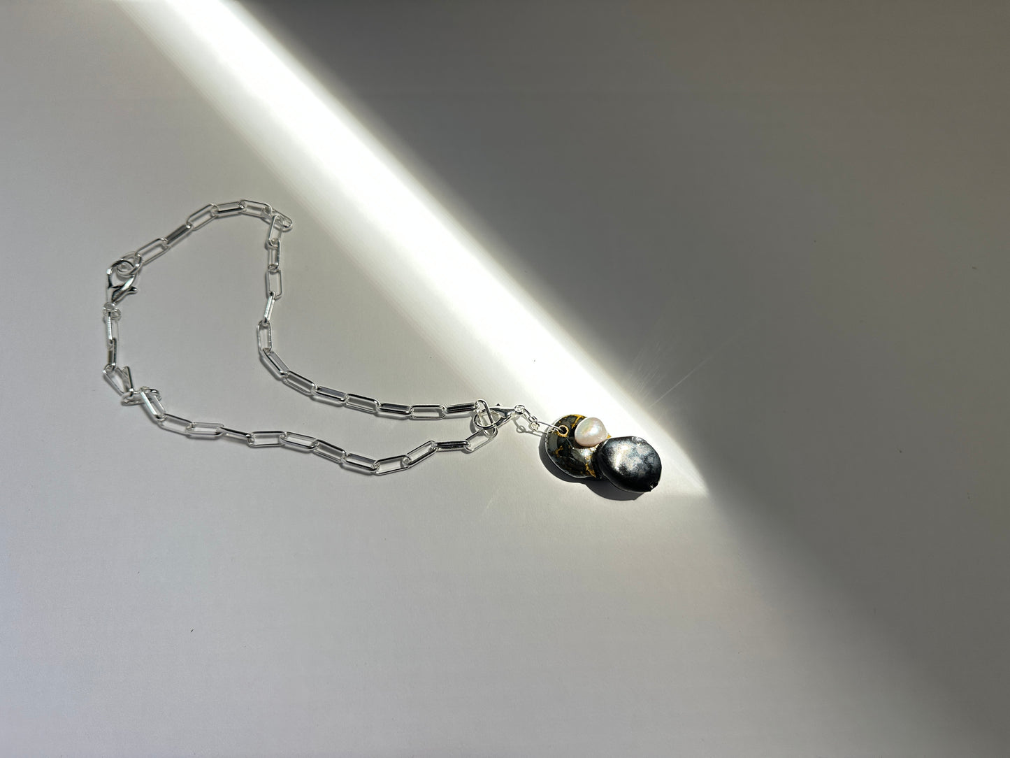Stacked Ceramic Cobbles & Baroque Pearl Pendant on Silver Paperclip Chain