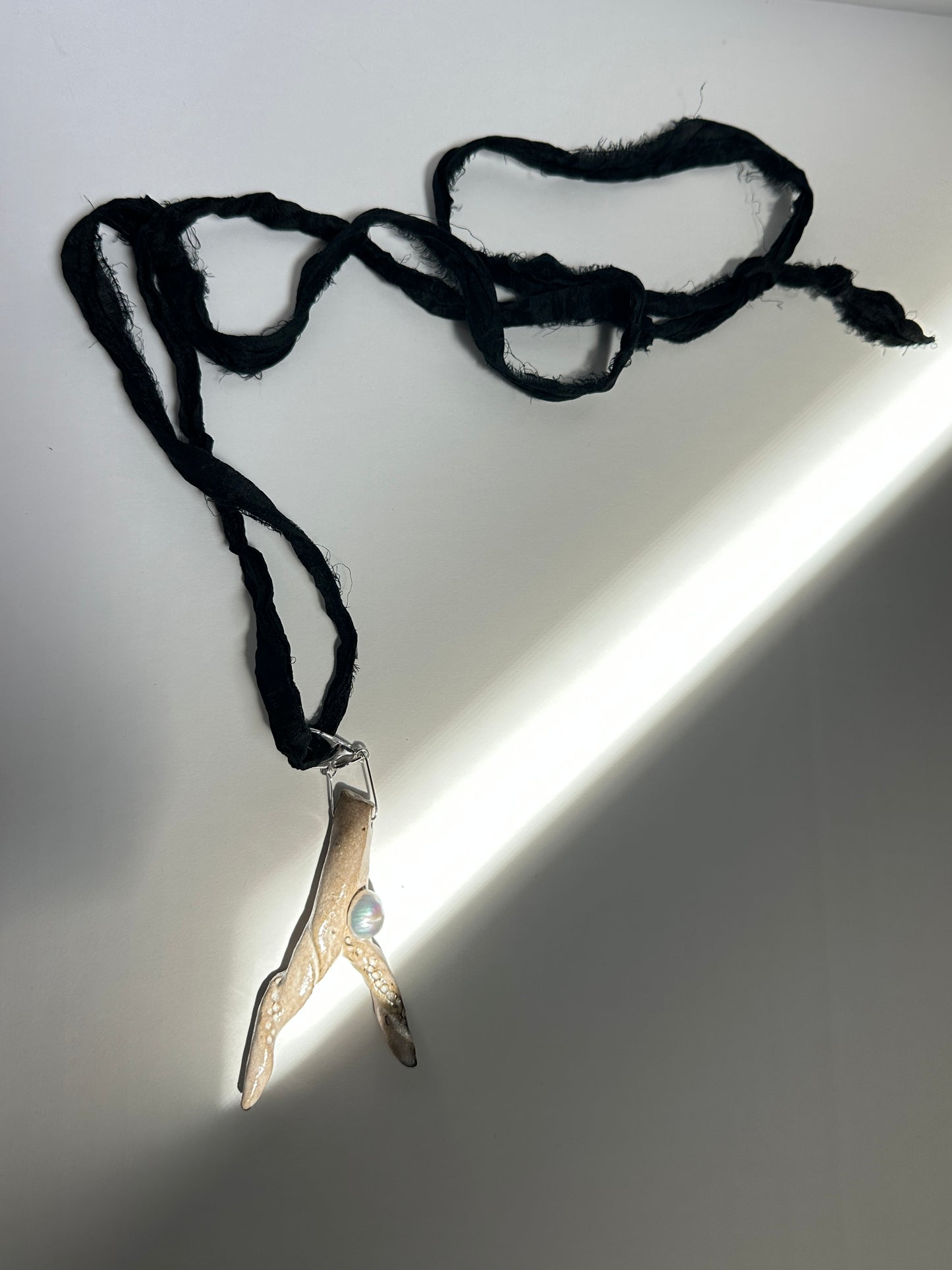 Taupe Ceramic Driftwood & Baroque Pearl Pendant on Raw Silk Cord